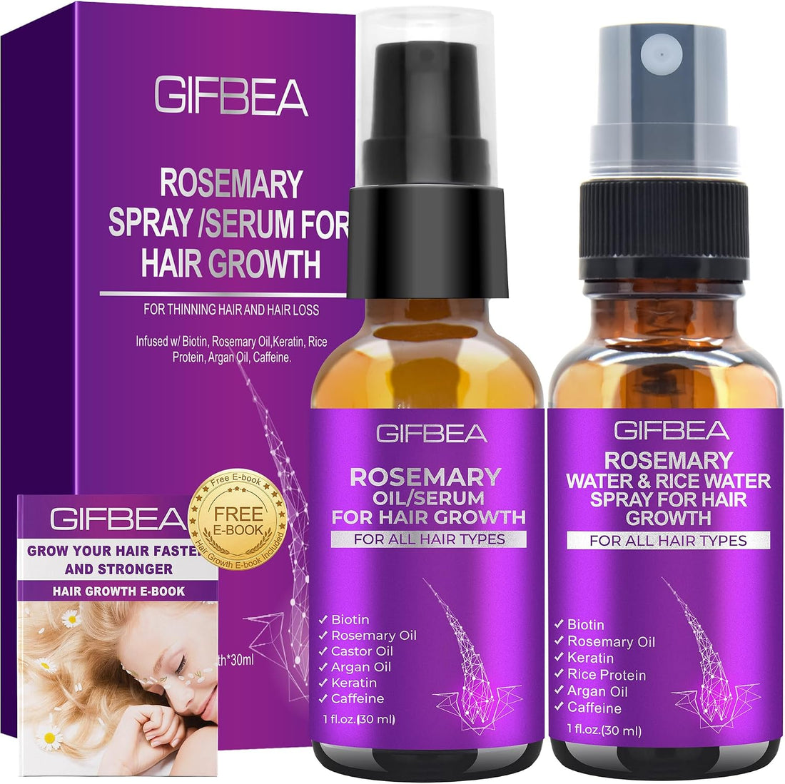 GIFBEA Rosemary Oil Serum for Hair Growth W/Rosemary Water & Rice Water Spray Hair Growth,Biotin Castor Oil Argan Oil Caffeine Keratin Reduce Hair Loss,Hair Thickening Products Treatment for Women Men