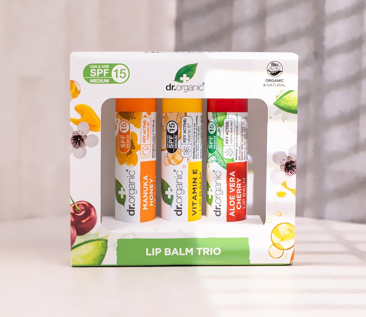 Dr Organic - Assorted Lip Balm Trio - SPF 15 Protection - Vitamin E, Aloe Vera Cherry & Manuka - Vegetarian, Cruelty, Paraben & SLS Free - 5.7ml - 3 Pack Halalzen