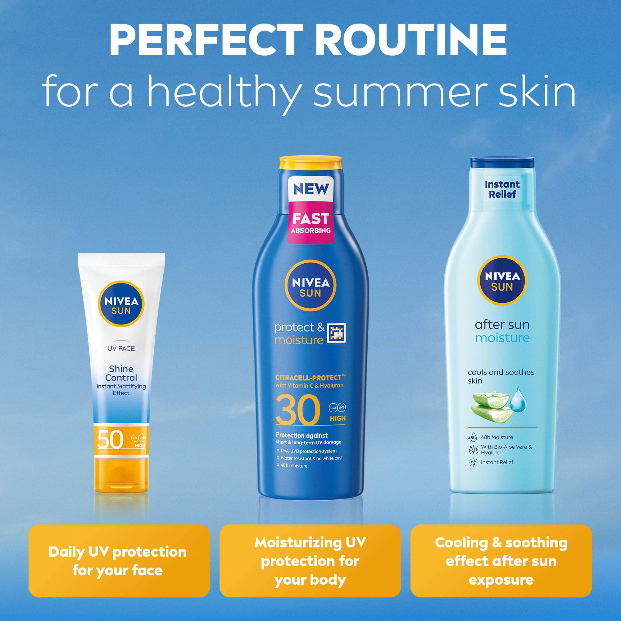 NIVEA SUN Protect & Moisture Sun Lotion SPF 30 (200 ml), Suncream with Vitamin C and Hyaluron, Provides 48H Moisture & Immediate UVA & UVB Protection, Fast-Absorbing No White Cast Formula