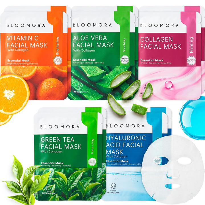 10 Pack Mixed Face Mask Set with Collagen – Hydrating Sheet Mask Skincare Set for Radiant, Fresh & Nourished Skin, Moisturising Facial Masks for Women & Men Halalzen