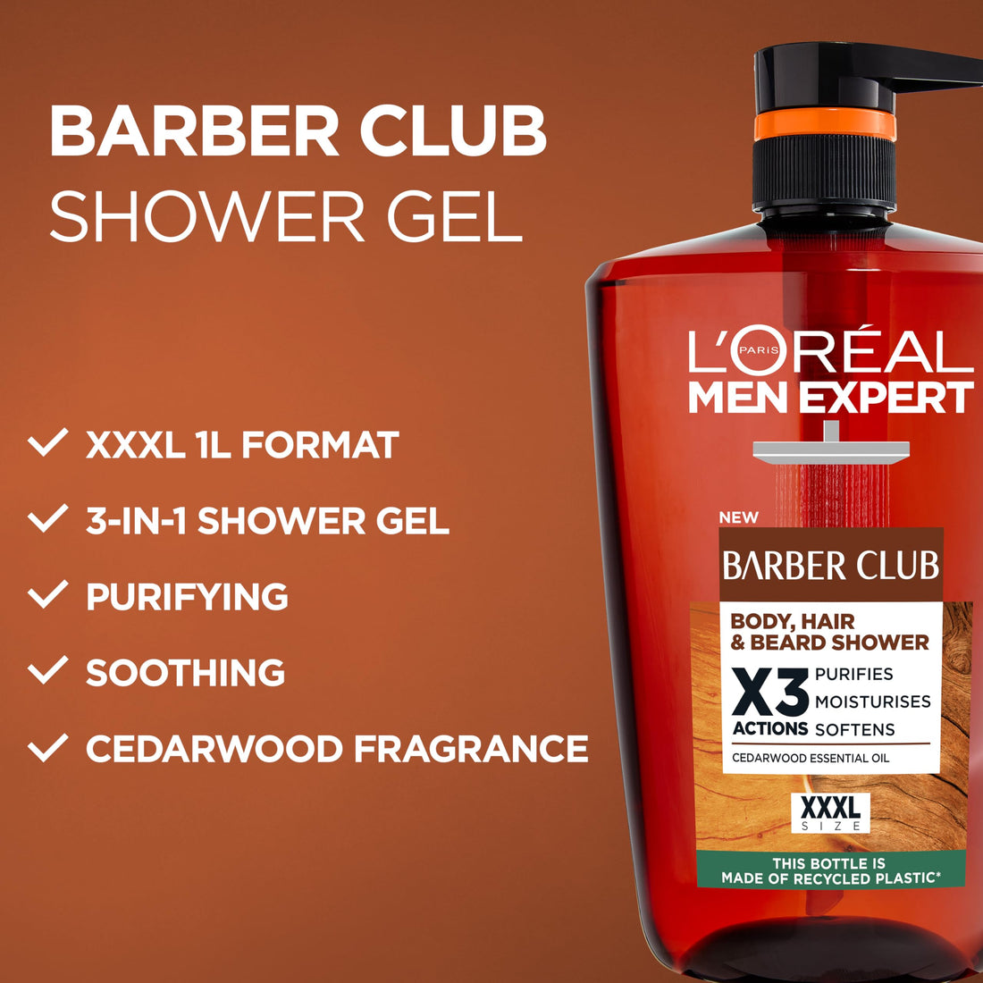 L'Oréal Men Expert, Pure Carbon, 5-in-1 XXXL Shower Gel, A Total Action Body, Face, Hair Wash, Shave and Moisturiser Powered By Carbon, Total 5-in-1 Action, Large 1L Pump