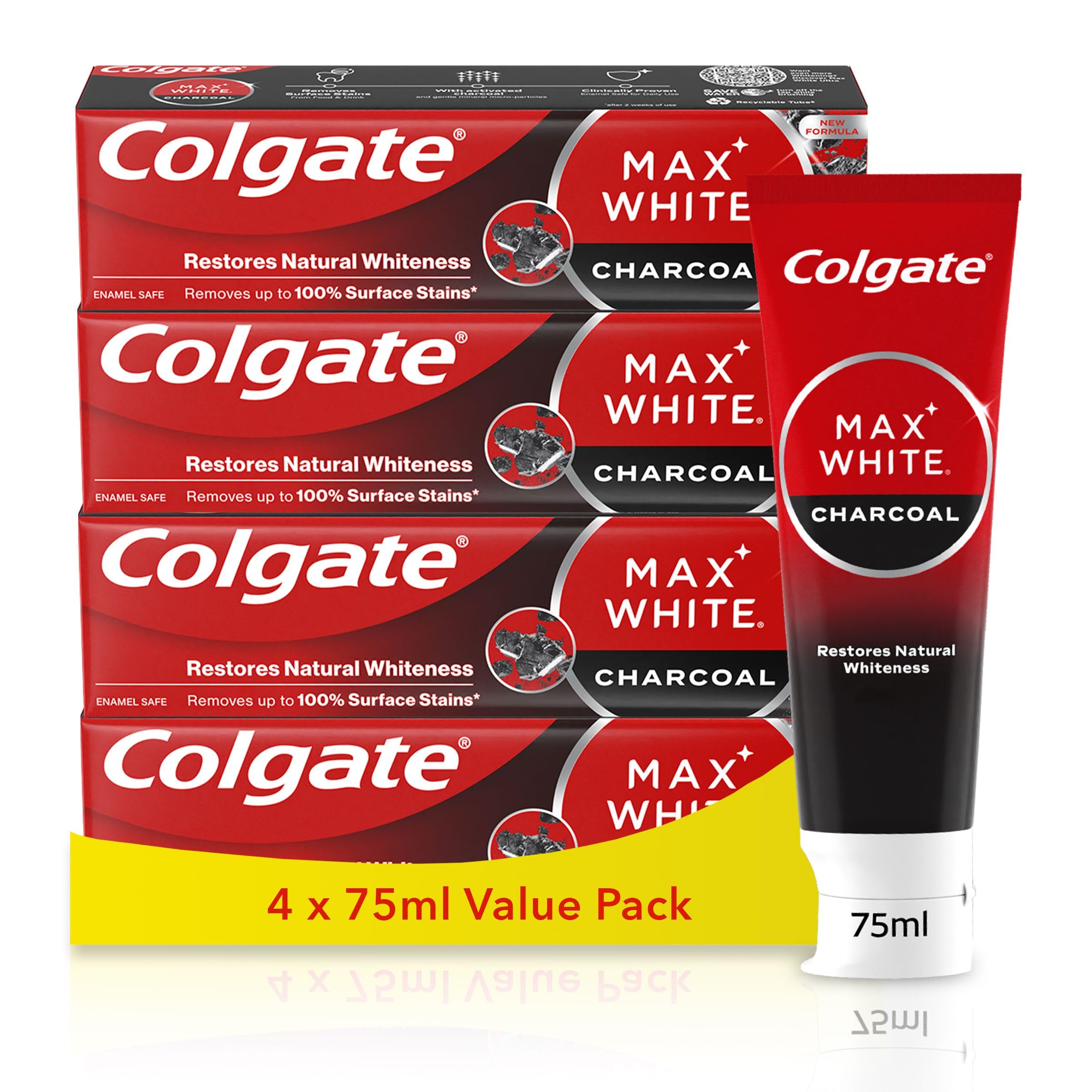 Colgate Max White Optic Toothpaste 4X75ml - Teeth Whitening Toothpaste - Clinically Proven Formula - Removes up to 100% of Surface Stains - Optic Brighteners Instantly Whiten Teeth