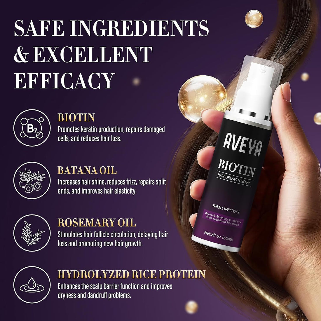 AVEYA Hair Growth Serum, for Women & Men infused with Rosemary Oil,Batana Oil&Biotin for Scalp – Strengthens,Thickens&Accelerates Hair Care - Non-Greasy,Helps Prevent Hair Thinning & Hair Loss – 60ml