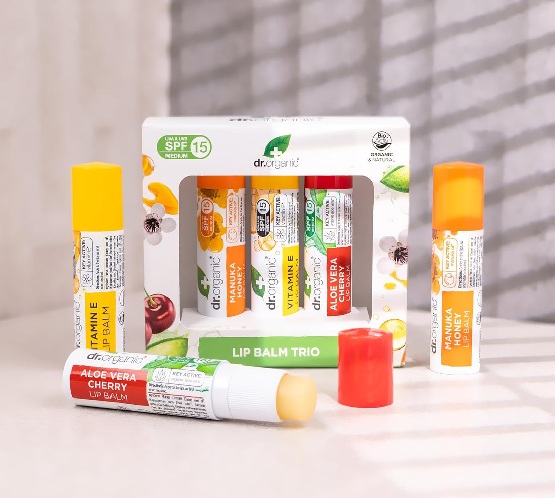 Dr Organic - Assorted Lip Balm Trio - SPF 15 Protection - Vitamin E, Aloe Vera Cherry & Manuka - Vegetarian, Cruelty, Paraben & SLS Free - 5.7ml - 3 Pack Halalzen