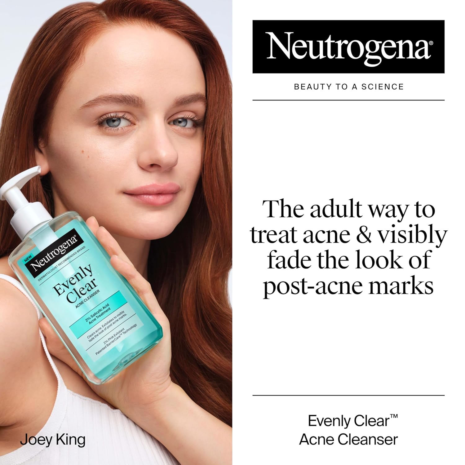 Neutrogena Evenly Clear Acne Cleanser with 2% Salicylic Acid & 2% PHA Exfoliant, Gentle Foaming Face Wash Clears Clogged Pores & Blackheads While Visibly Fading Look of Post-Acne Marks, 9.1 fl. oz