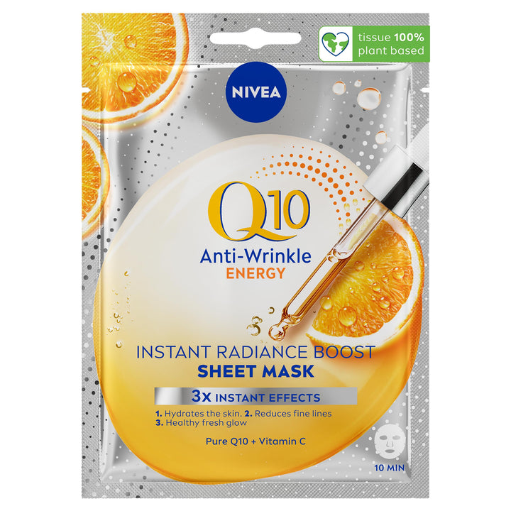 NIVEA Q10 + C Power Anti-Wrinkle + Energy Sheet Mask (1 Piece), Anti Ageing Moisturiser Mask with Vitamin C, Face Mask with Coenzyme Q10, Anti Wrinkle Cream Mask Halalzen