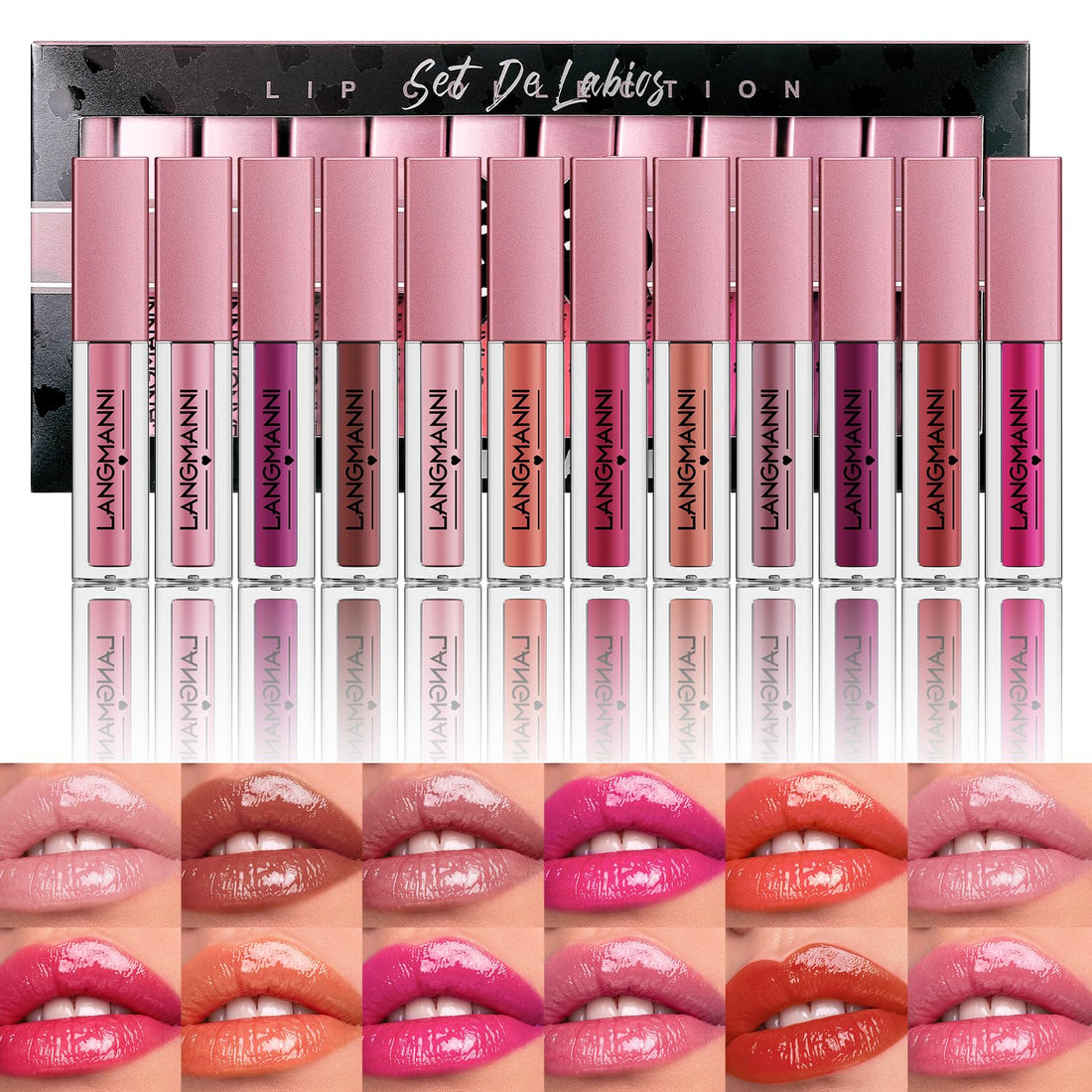 LANGMANNI 12Pcs Lip gloss Collection Makeup Set,Shiny Smooth Soft Liquid Lip Glosses Lip Stain With Rich Varied Colors For Girls And Women Makeup(Color-A) Halalzen