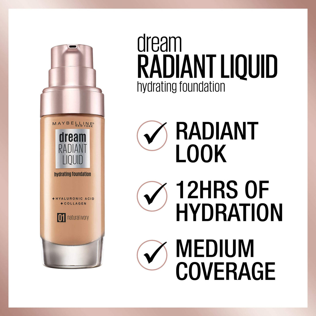 Maybelline Foundation, Dream Radiant Liquid Hydrating Foundation with Hyaluronic Acid and Collagen - Lightweight, Medium Coverage Up to 12 Hour Hydration, 30 Sand Halalzen