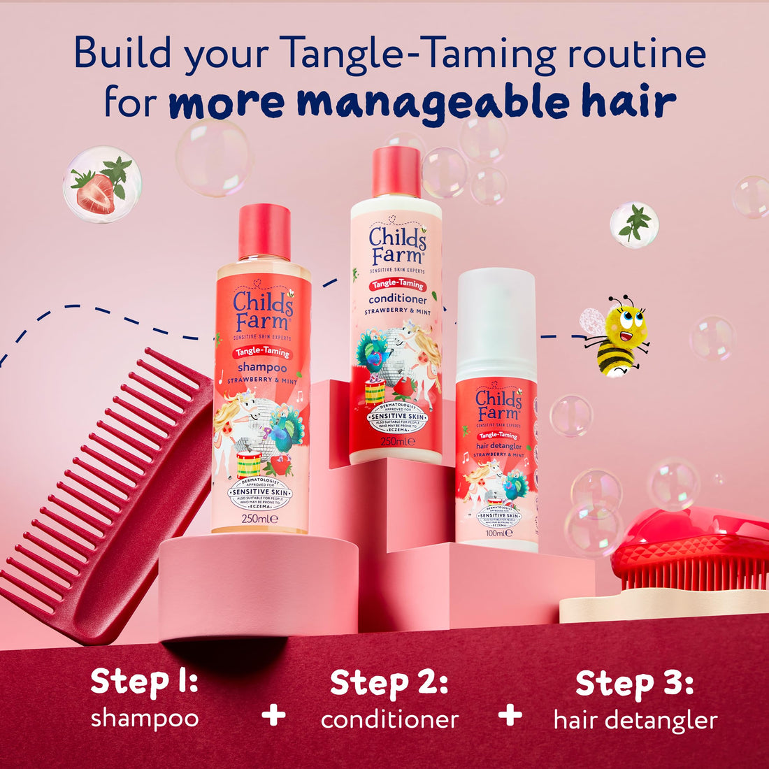Childs Farm Tangle Taming Conditioner, Straight or Wavy Hair, Gentle, Tear Free, Strawberry and Mint, Kids, Baby, 250ml