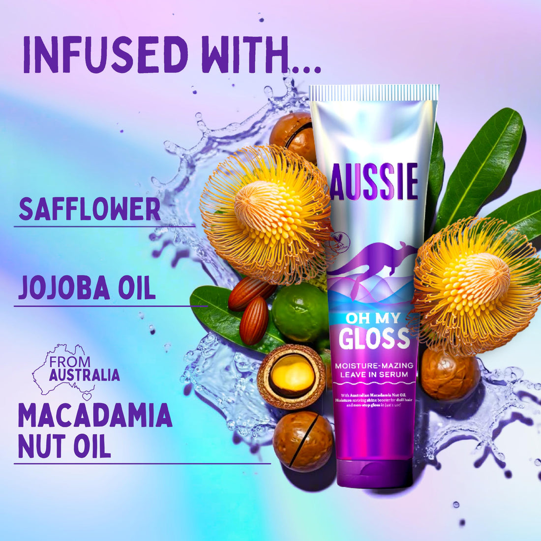 Aussie Oh My Gloss Moisture-Mazing Leave-In Treatment Lightweight Serum 160ml, Moisture & Shine Booster for Dull Hair. With Jojoba, Safflower & Australian Macadamia Nut Oils. Vegan & Cruelty-Free