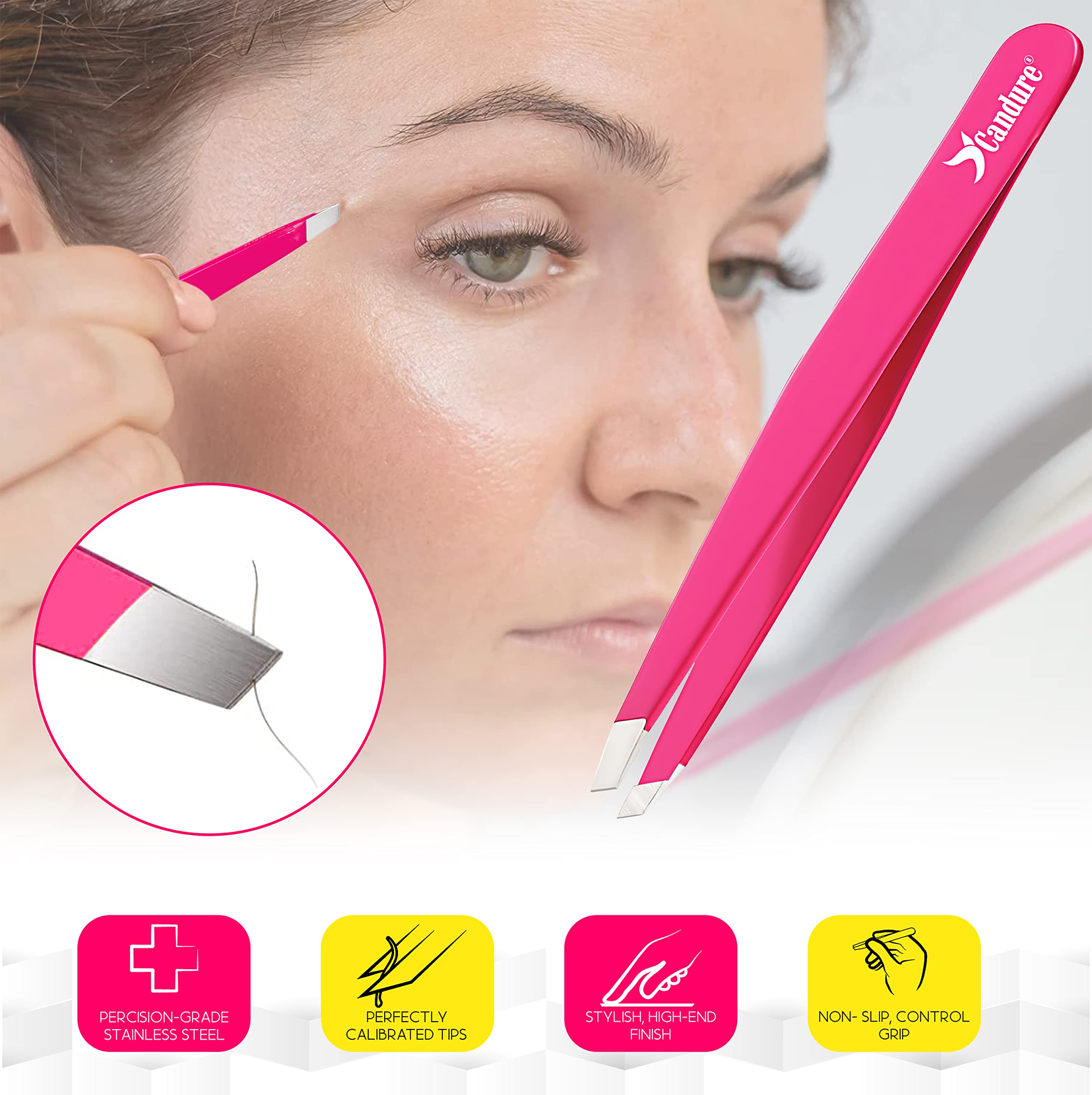 Candure Tweezers for Eyebrows - Professional Stainless Steel Slanted and Pointed Tip Hair Tweezers Set for Ingrown Hair, Blackhead Removal, Eyebrows Plucking Beauty Tool for Women Halalzen