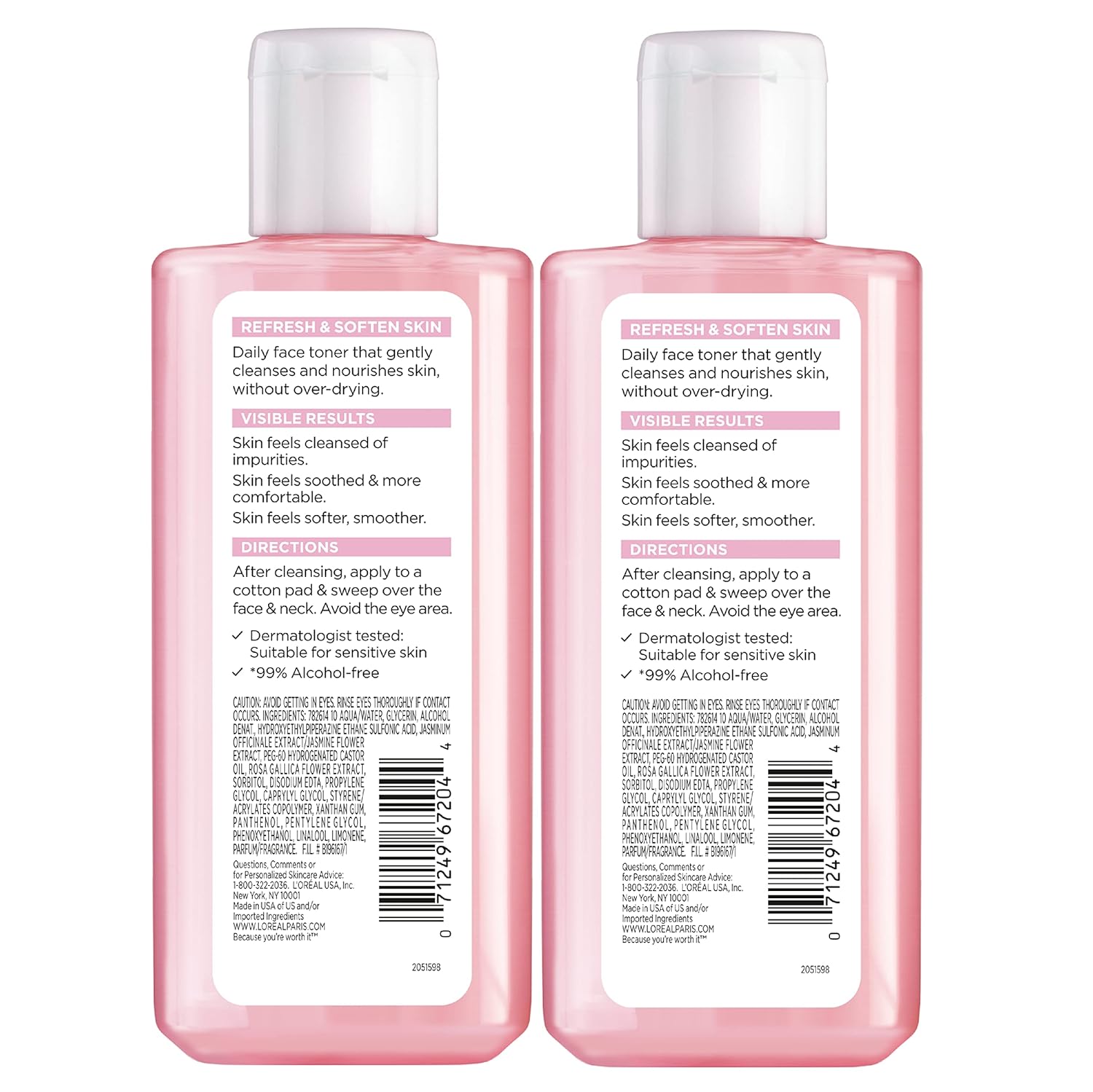 L'Oreal Paris Skincare HydraFresh Toner Face Toner with Pro-Vitamin B5 for a Smoother, Brighter Complexion, 2 Count