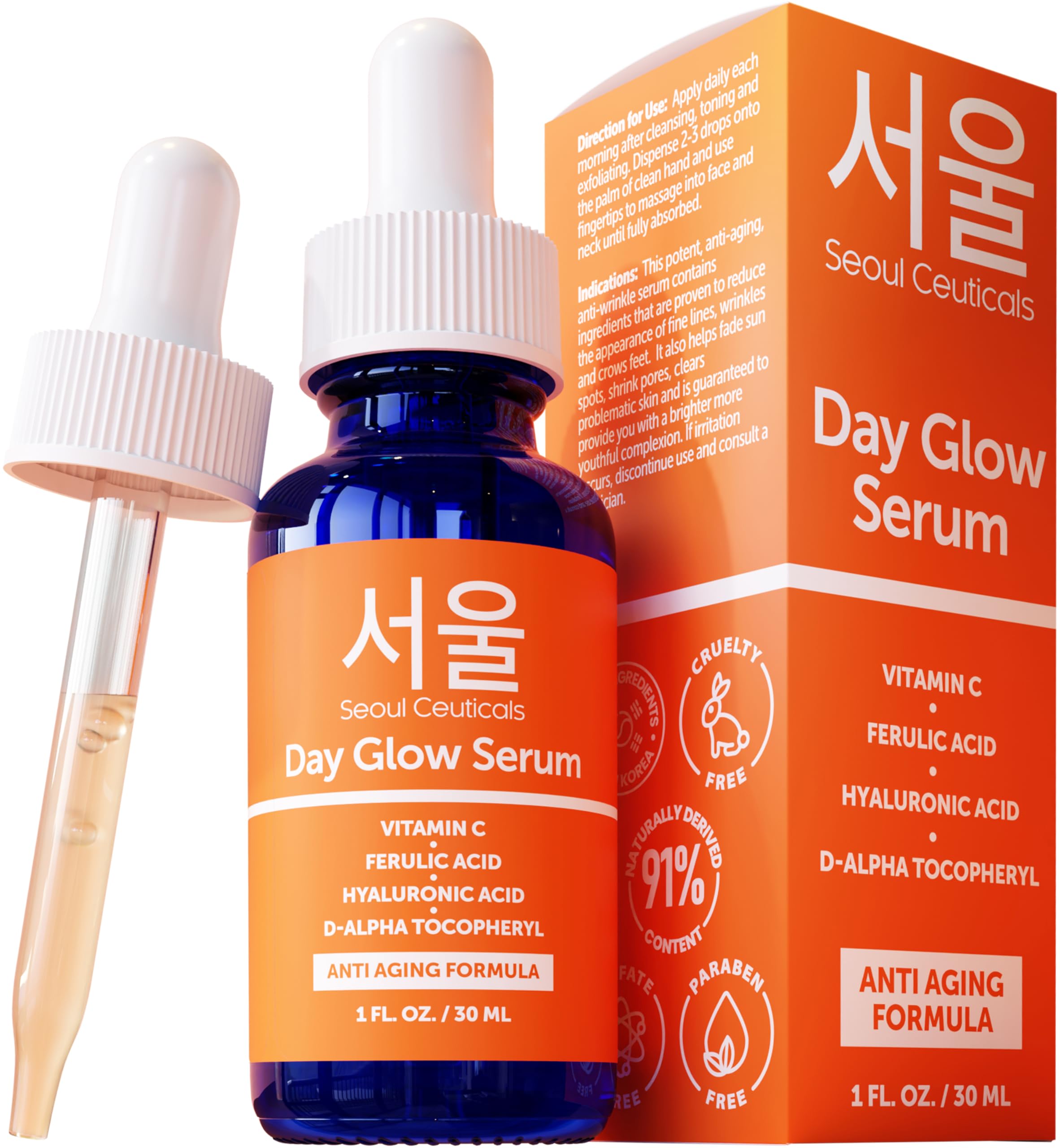 SeoulCeuticals Korean Skin Care 20% Vitamin C Hyaluronic Acid Serum + CE Ferulic Acid - Potent Anti Aging, Anti Wrinkle Korean Beauty 1oz Halalzen