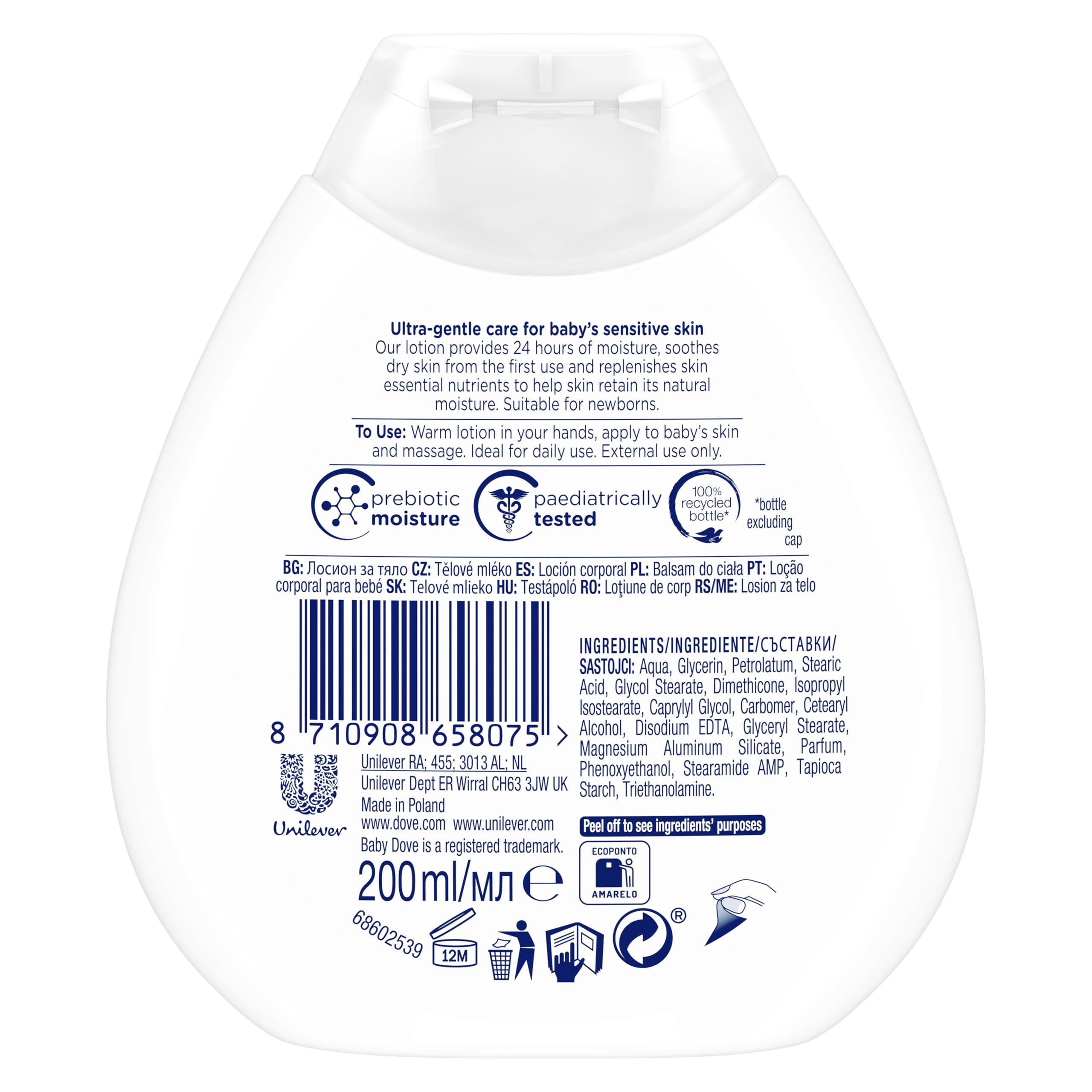 Baby Dove Rich Moisture Baby Lotion - Soothing & Nourishing for Newborns & Infants, Gentle Moisturiser for Dry, Sensitive Skin, Daily Skincare with Delicate Scent, All-Day Hydration - 200ml, Pack of 3 Halalzen