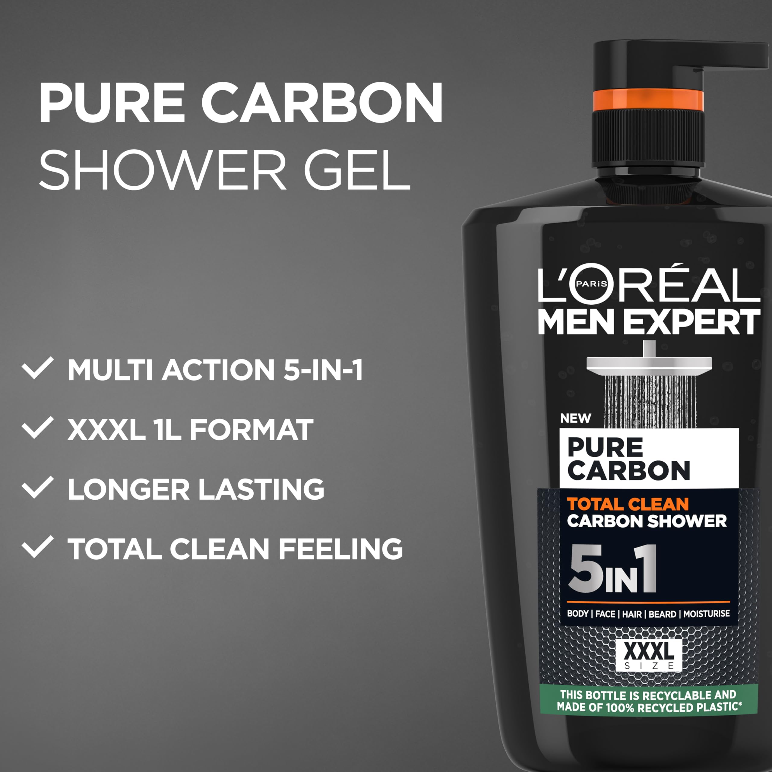 L'Oréal Men Expert, Pure Carbon, 5-in-1 XXXL Shower Gel, A Total Action Body, Face, Hair Wash, Shave and Moisturiser Powered By Carbon, Total 5-in-1 Action, Large 1L Pump