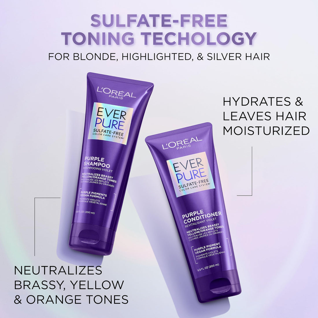 L’Oreal Paris Sulfate Free Brass Toning Purple Conditioner for Blonde, Bleached, Silver, or Brown Highlighted Hair, EverPure, 6.8 Fl Oz (Packaging May Vary)
