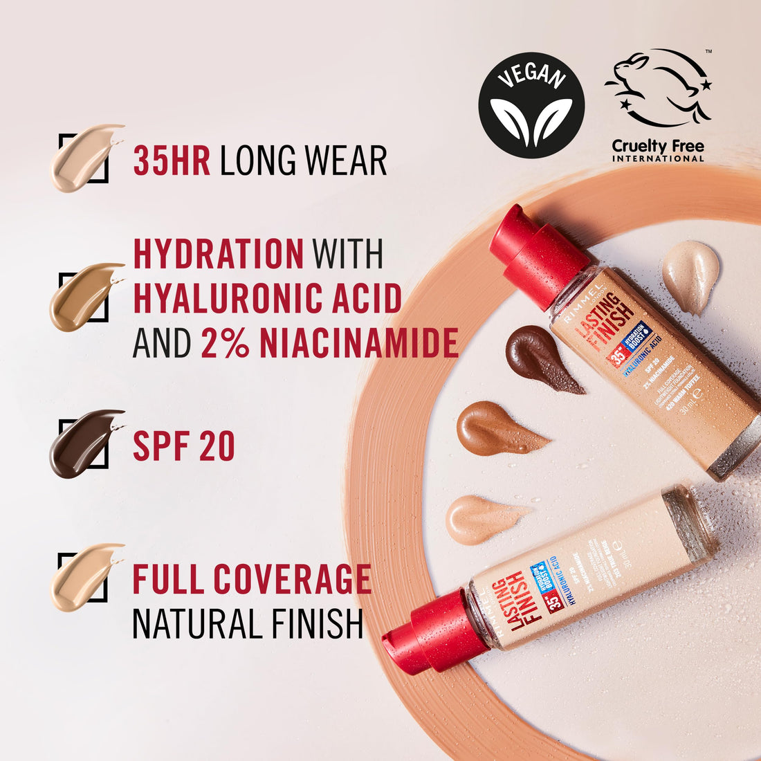 Rimmel Lasting Finish 35Hr Foundation 200 Soft Beige, Full Coverage, Hydrating, SPF20, Hyaluronic Acid, Vitamin E, 2% Niacinamide, All Day Wear, Vegan, Cruelty Free Halalzen