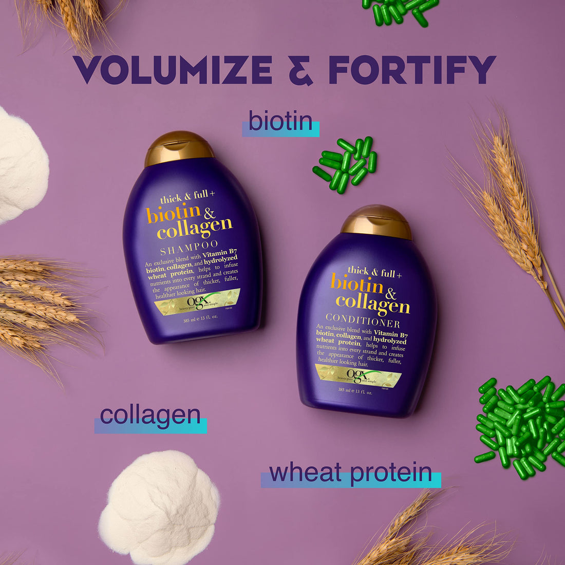 OGX Biotin and Collagen Volumising Hair Shampoo, Thick and Full, with Vitamin B7 Biotin, and Collagen, for Fine Hair, Sulfate Free Surfactants, 385ml
