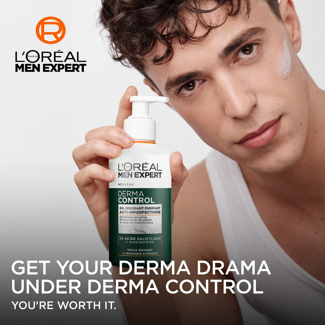 L'Oréal Men Expert Derma Control Purifying Cleansing Gel for Oily & Blemish-Prone Skin, Salicylic Acid & Niacinamide Deep Cleanser, Removes Dead Skin Cells, Unclogs Pores, 260ml