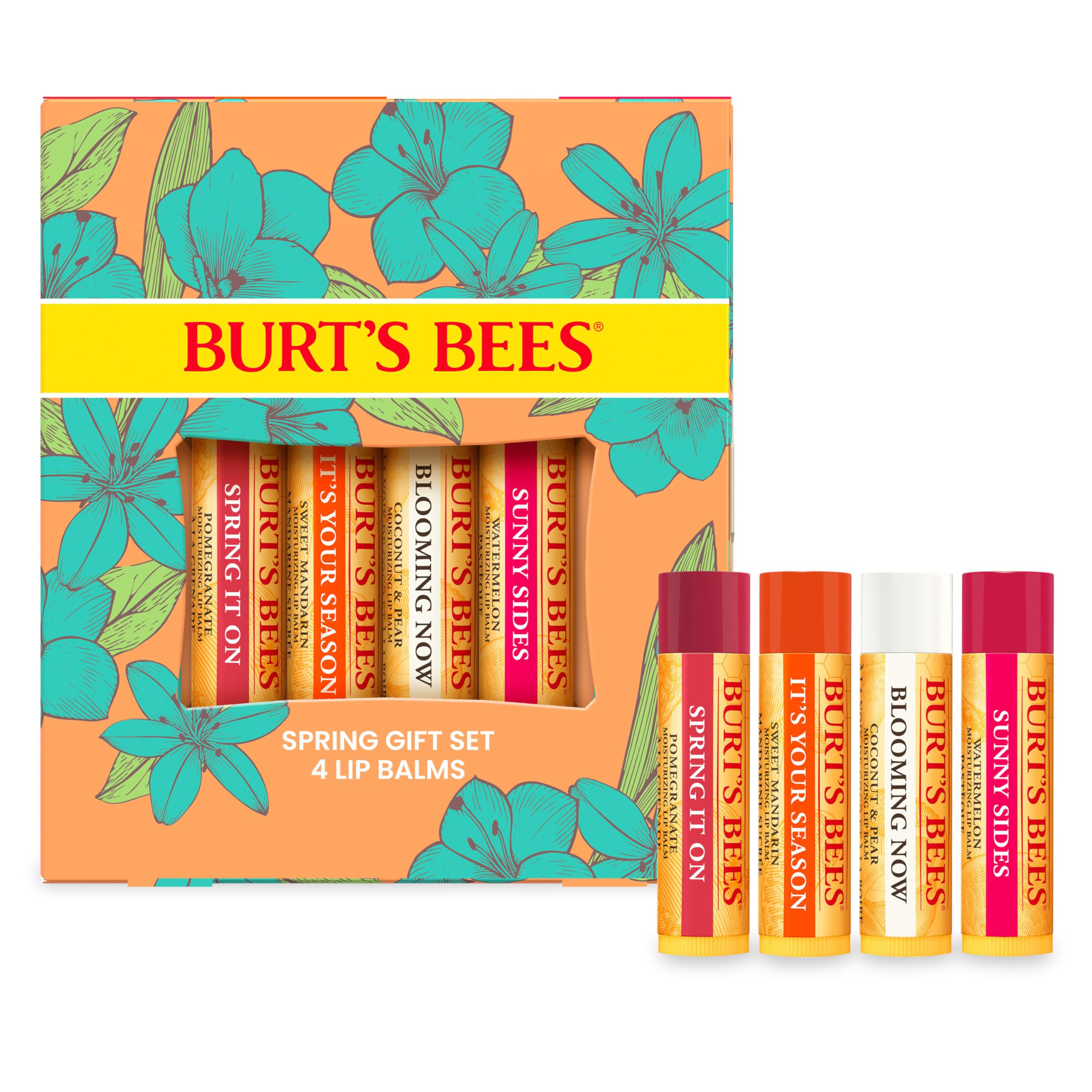 Burt's Bees Lip Balm Gift Set, Beeswax, Strawberry, Tropical Pineapple, Dragonfruit Lemon, In Full Bloom, 4x4.25g Halalzen