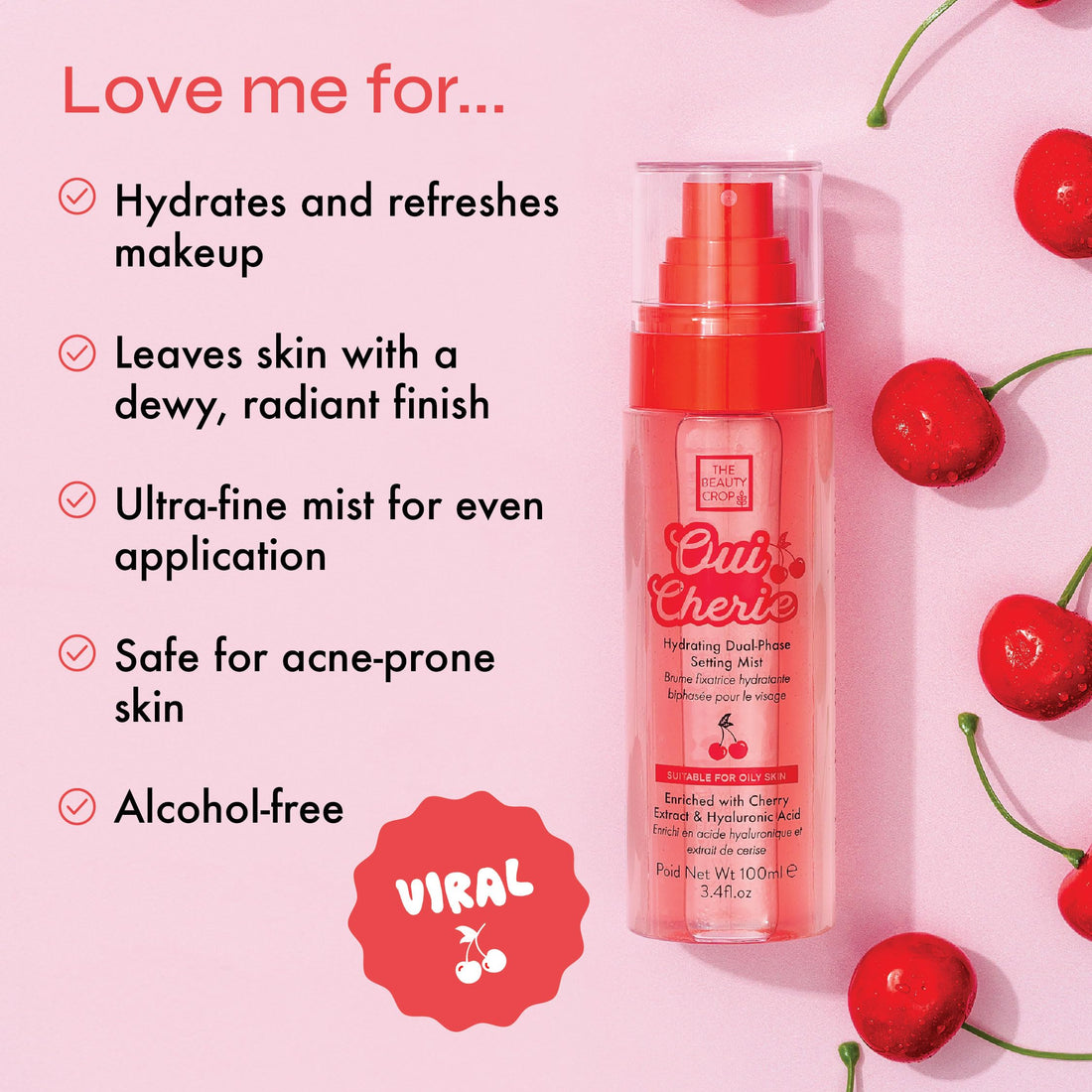 The Beauty Crop Oui Cherie Mist - Hydrating Dual-Phase Setting Spray with Cherry Extract and Hyaluronic Acid, Vegan Friendly - 100 ml Halalzen