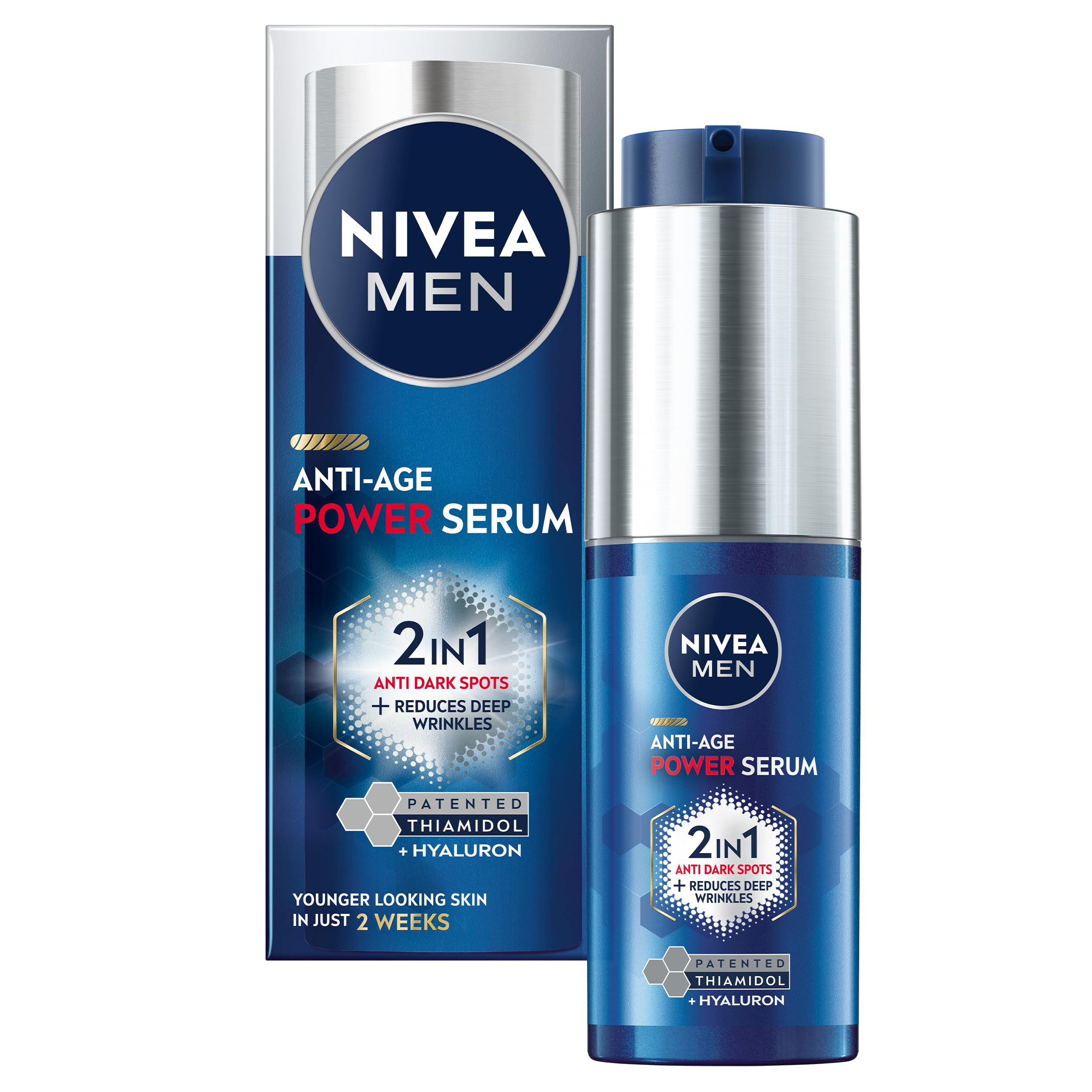 NIVEA MEN Anti-Age 2in1 Power Face Serum (30ml), Hydrating Serum with Thiamidol and Hyaluronic Acid, Reduces Deep Wrinkles and Dark Spots, Men's Face Moisturiser
