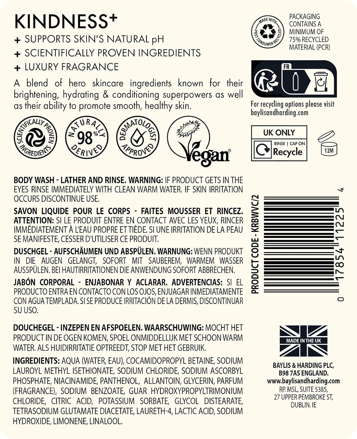 Baylis & Harding Kindness + Vitamin C & Niacinamide, Orange & Mango Fragrance, 500 ml Cleanse & Glow Body Wash (Pack of 3) - Vegan Friendly