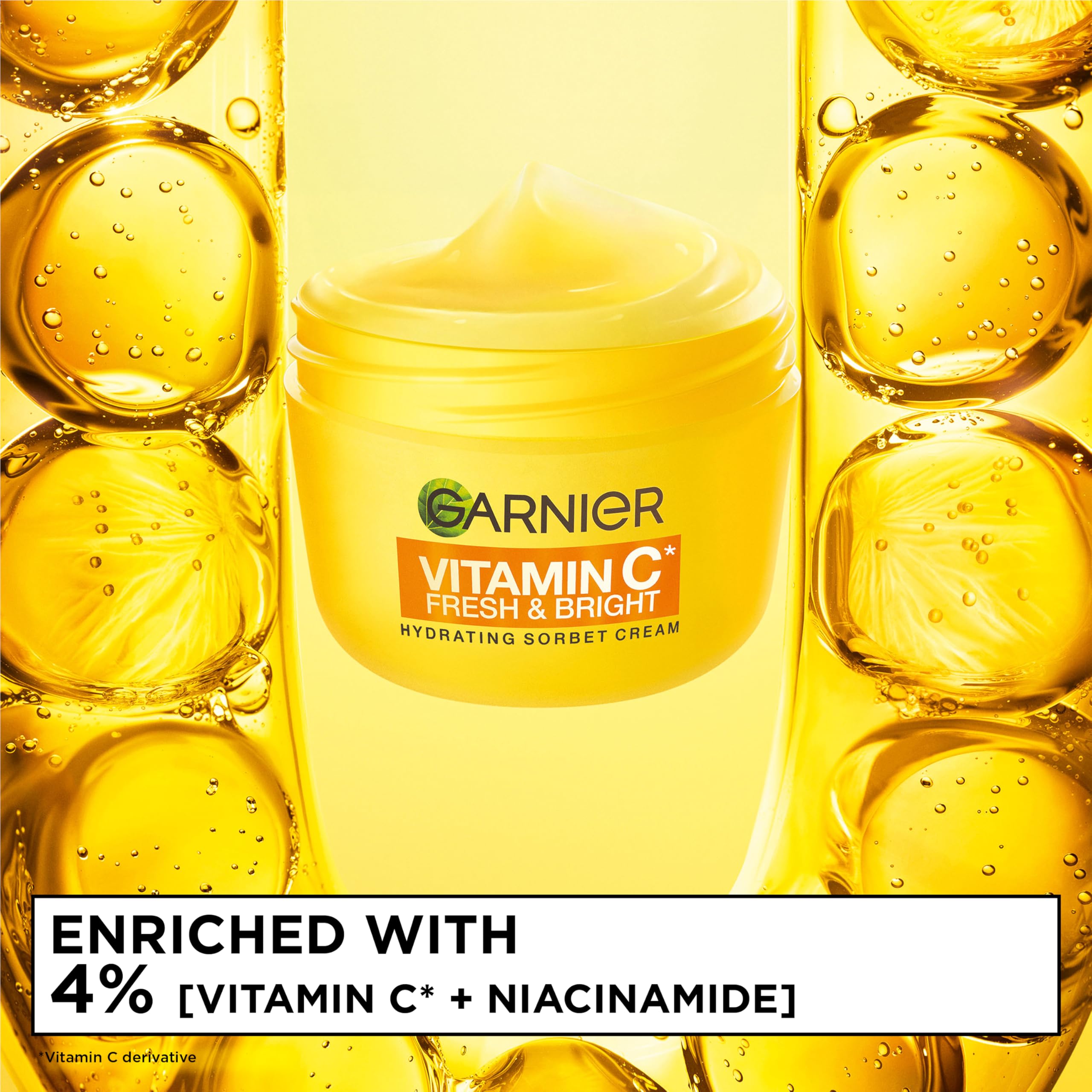 Garnier Vitamin C* Fresh & Bright Hydrating Sorbet Cream, 4% Vitamin C* & Niacinamide, Ultra Fresh & Light, For Dull, Uneven Skin, Cruelty Free International & Vegan - 85ml