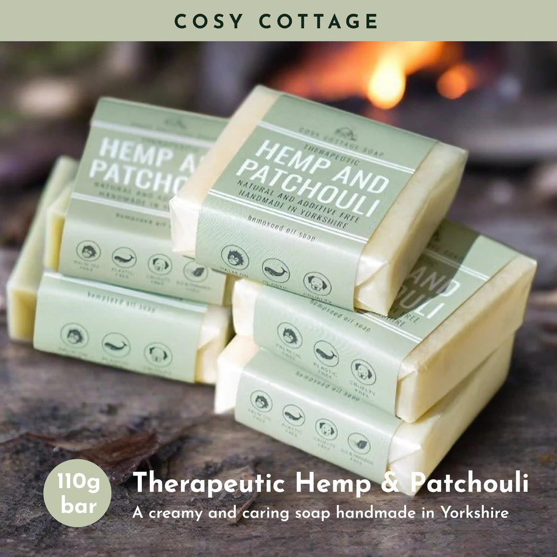 Cosy Cottage Therapeutic Hempseed & Patchouli Oil Soap Bar – 110g | Handmade, Natural & Moisturising Cleanser | Plastic Free, Palm Oil Free, SLS Free | Shower & Bath Soap | Gift for Women Halalzen