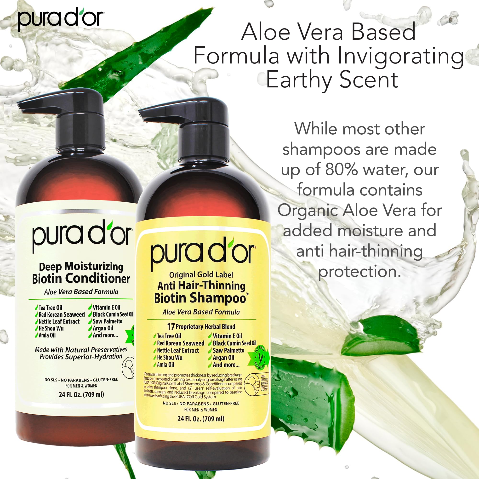 PURA D'OR Anti-Thinning Biotin Shampoo and Conditioner Natural Earthy Scent, CLINICALLY TESTED Effective Results, Herbal Blend Thickening Products For Women & Men, Original Gold Label Set, 16oz x2 | Deep Moisturizing, Conditioner, CLINICALLY TESTED, Effec Halalzen