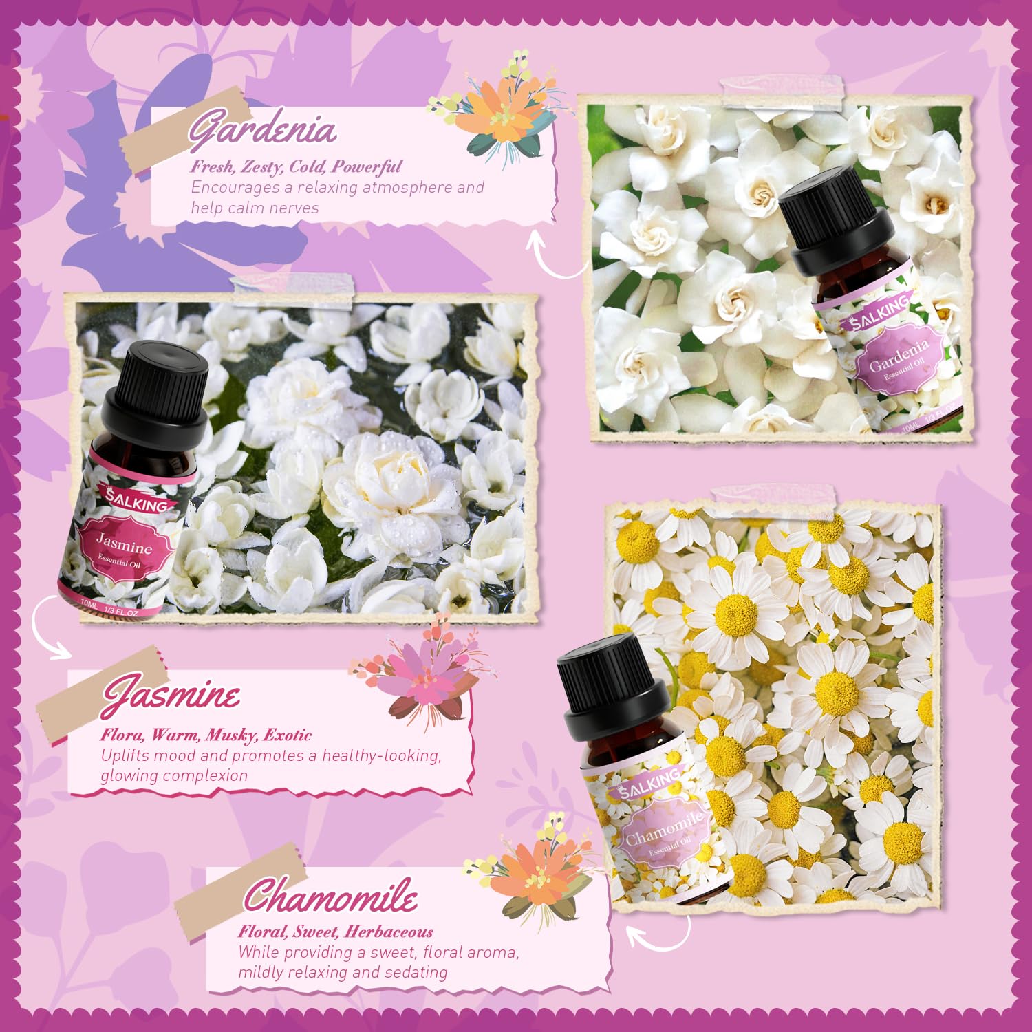 SALKING Essential Oils Set, 100% Pure Fragrance Oil AromatherapyGift, Premium Scented Oils for Diffusers 6 x 10 ML - Lavender, Rose, Jasmine, Cherry Blossom, Gardenia, Chamomile, Pink