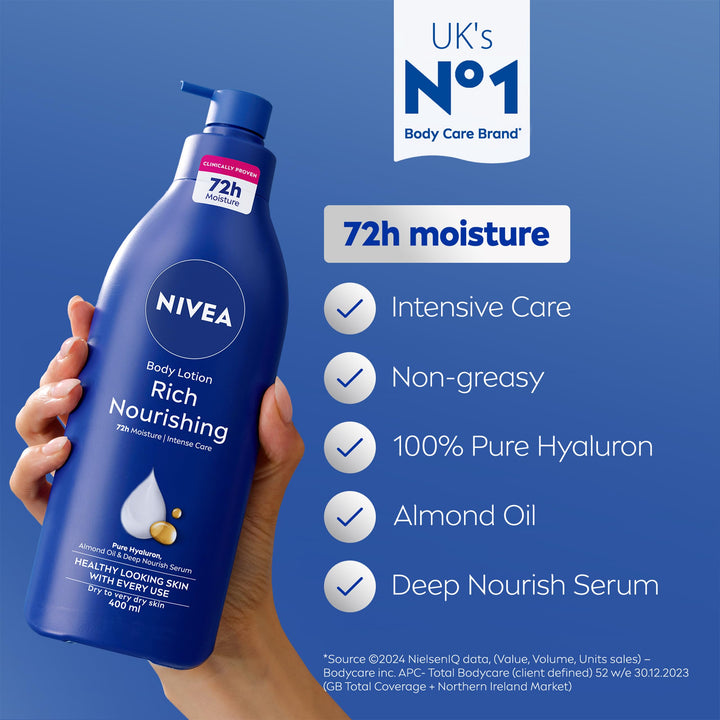 NIVEA Rich Nourishing Body Lotion (400ml), Rich 72H Hydration Moisturiser for Dry Skin Made with Deep Moisture Serum and Almond Oil, Intensive Hydration Body Lotion Halalzen