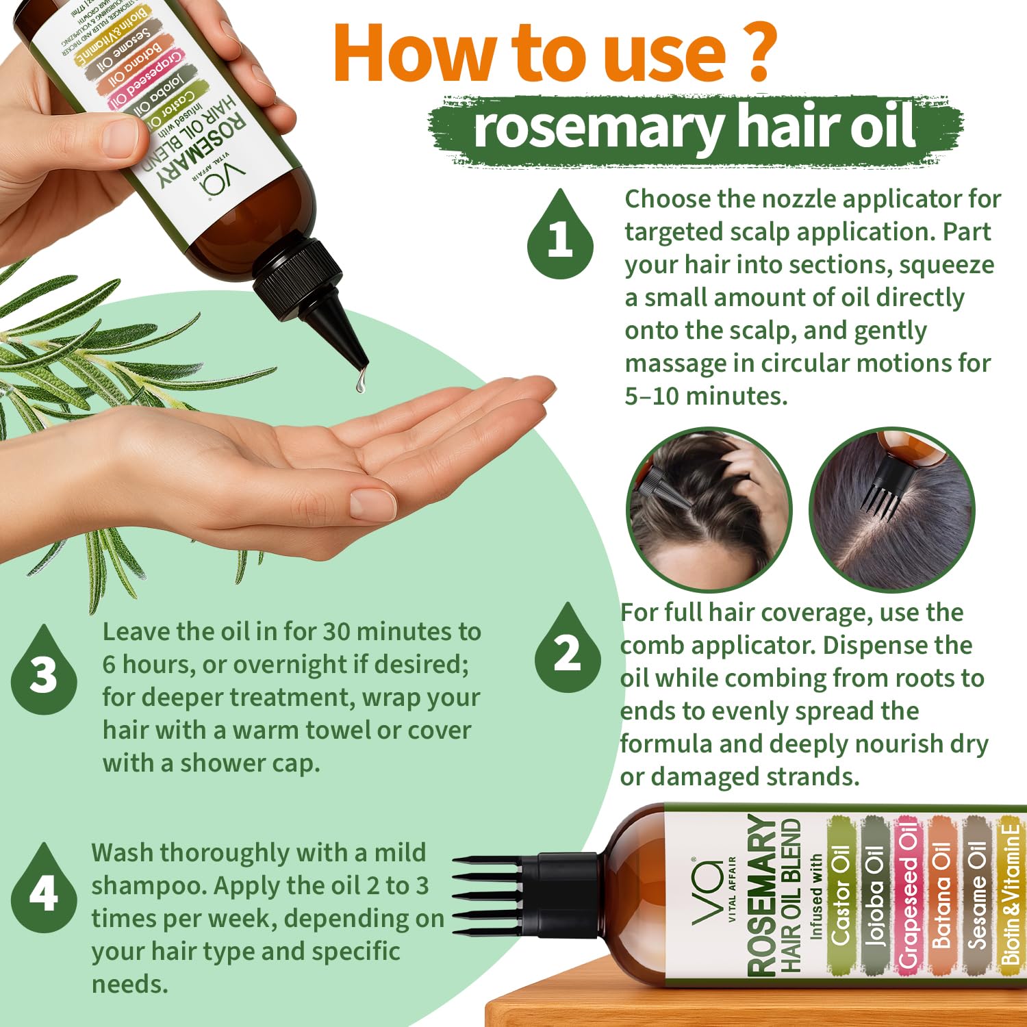 VITAL AFFAIR Blend Of Pure Rosemary Oil For Hair Growth With Castor, Batana, Jojoba Oil-Infused With Biotin & Vitamin E-Blend of Effective Hair Oils for Hair Growth-Strengthening Treatment 6 Fl Oz Halalzen