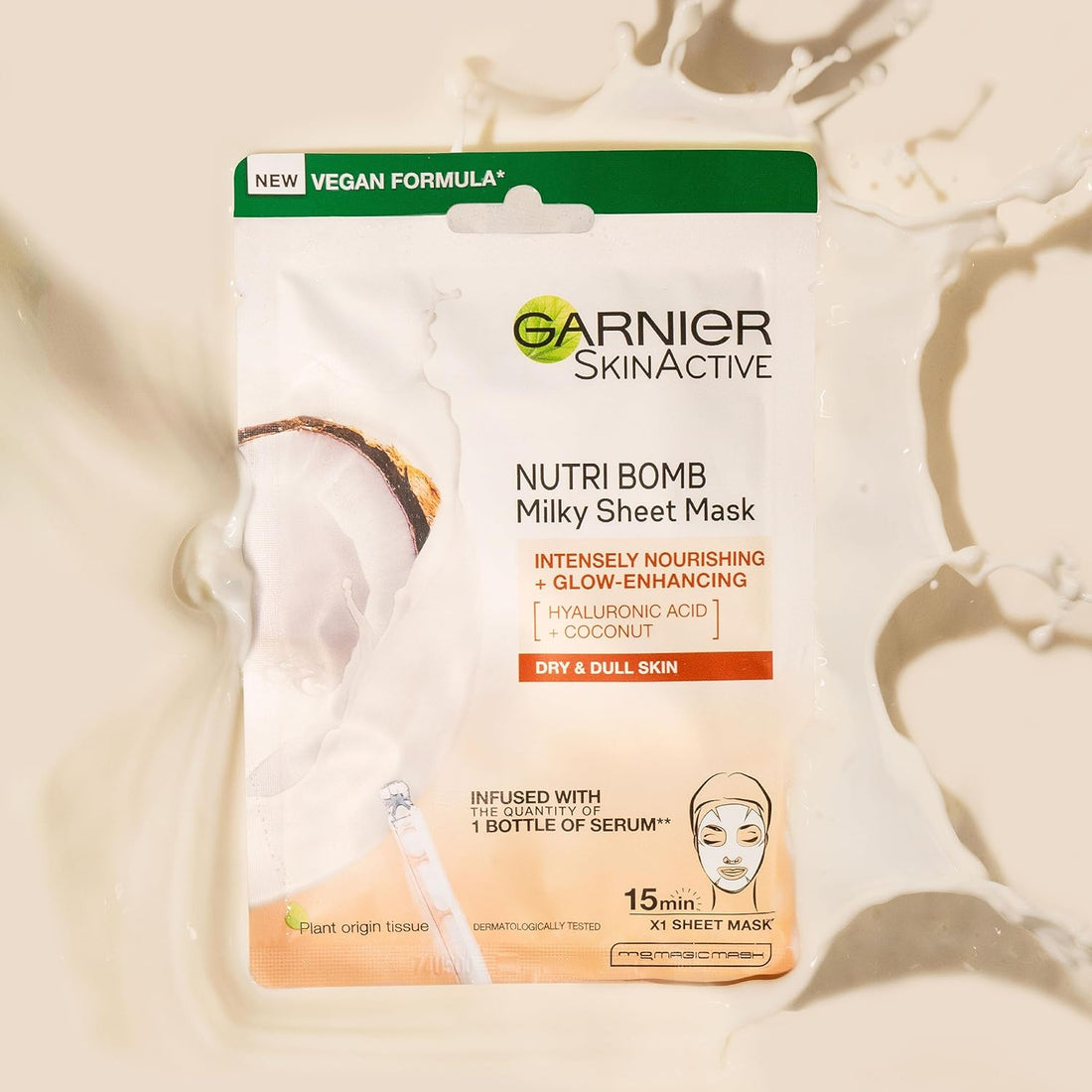 Garnier Nutri Bomb Milky Sheet Face Mask, With Coconut and Hyaluronic Acid for Hydrated Glowing Skin, Intensely Nourishing & Restoring, Cruelty Free & Vegan Tissue Mask, 28g