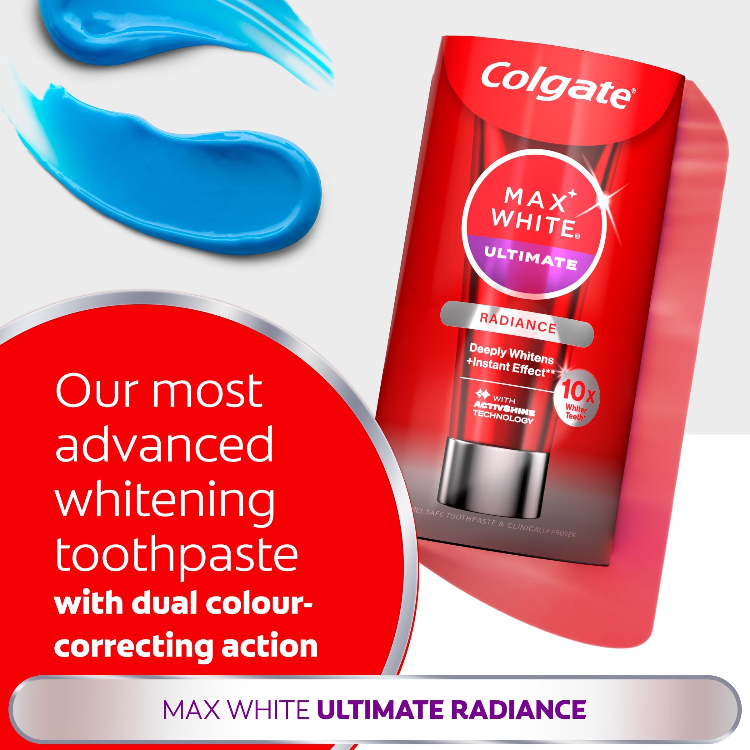 Colgate Max White Ultimate Radiance Whitening Toothpaste 75ml - 10X Whiter Teeth* - Instant Teeth Whitening Toothpaste^ - Deeply* Whitens - Helps Prevent Future Stains - Enamel Safe for Daily Use