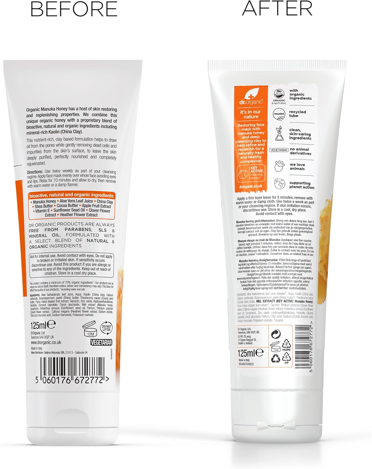 Dr Organic Manuka Honey Face Mask, Nourising, Dry Skin, Mens, Womens, Natural, Vegetarian, Cruelty-Free, Paraben & SLS-Free, Recycled & Recyclable, Organic, 125ml, Packaging May Vary