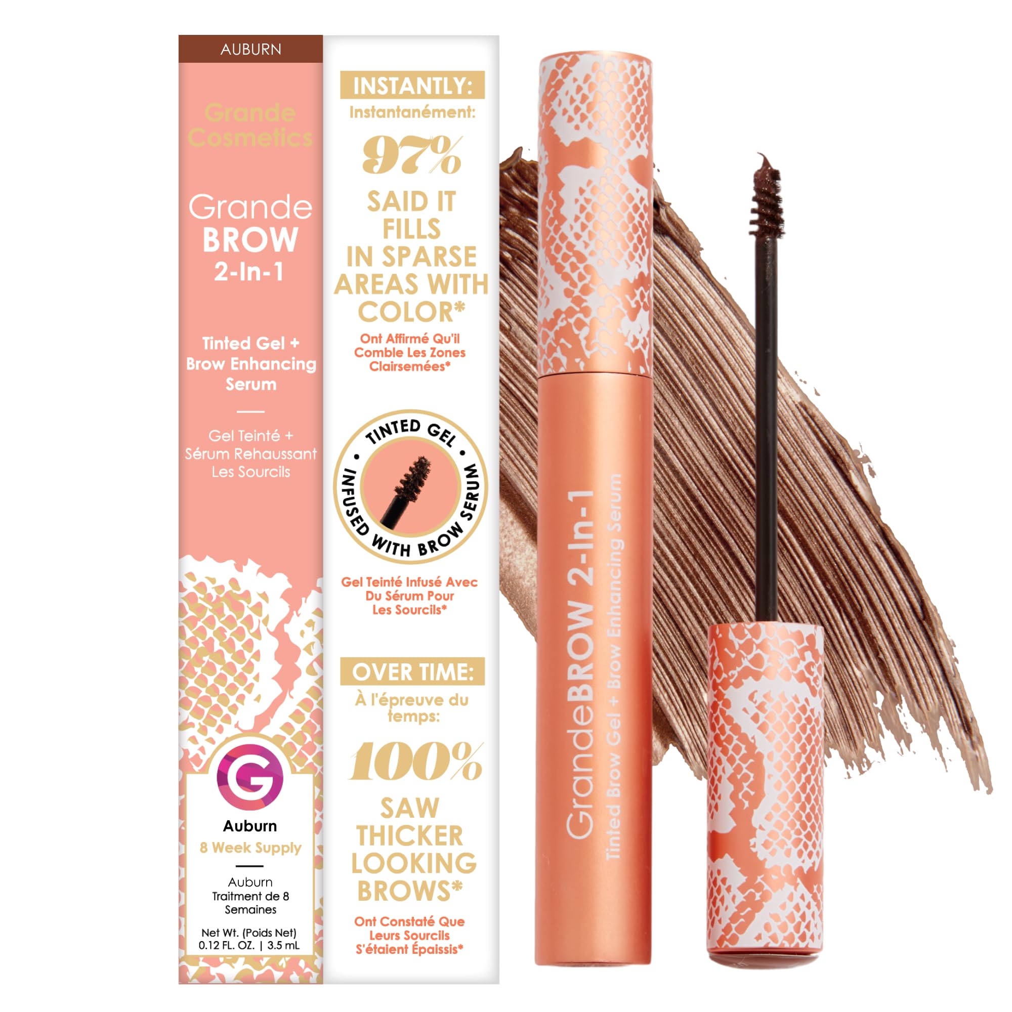 Grande Cosmetics GrandeBROW 2-in-1 Tinted Brow Gel + Brow Enhancing Serum for Thicker & Darker-Looking Eyebrows, Shape & Fill Brows, Long Wear, with Castor Oil & Mini Fibers