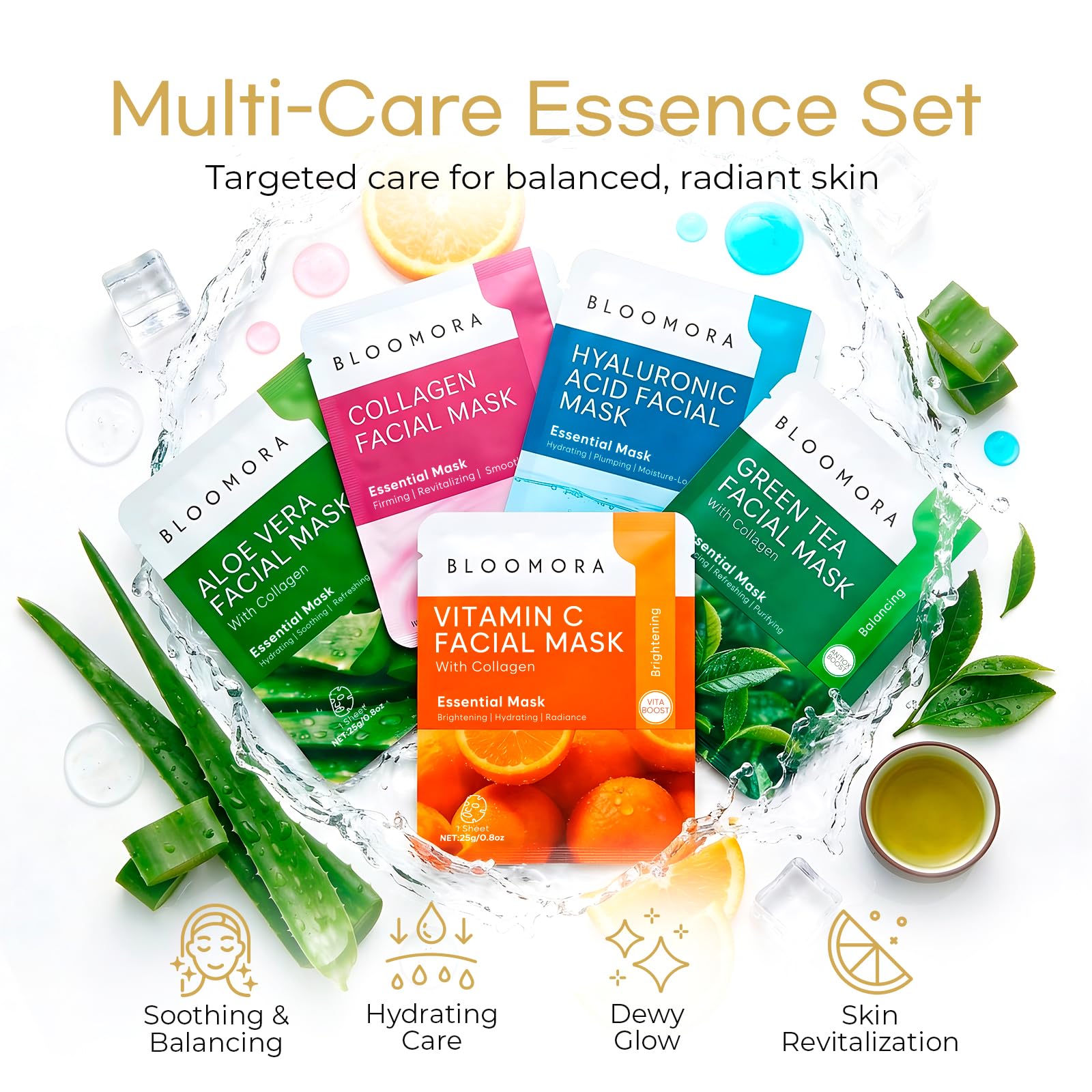 10 Pack Mixed Face Mask Set with Collagen – Hydrating Sheet Mask Skincare Set for Radiant, Fresh & Nourished Skin, Moisturising Facial Masks for Women & Men