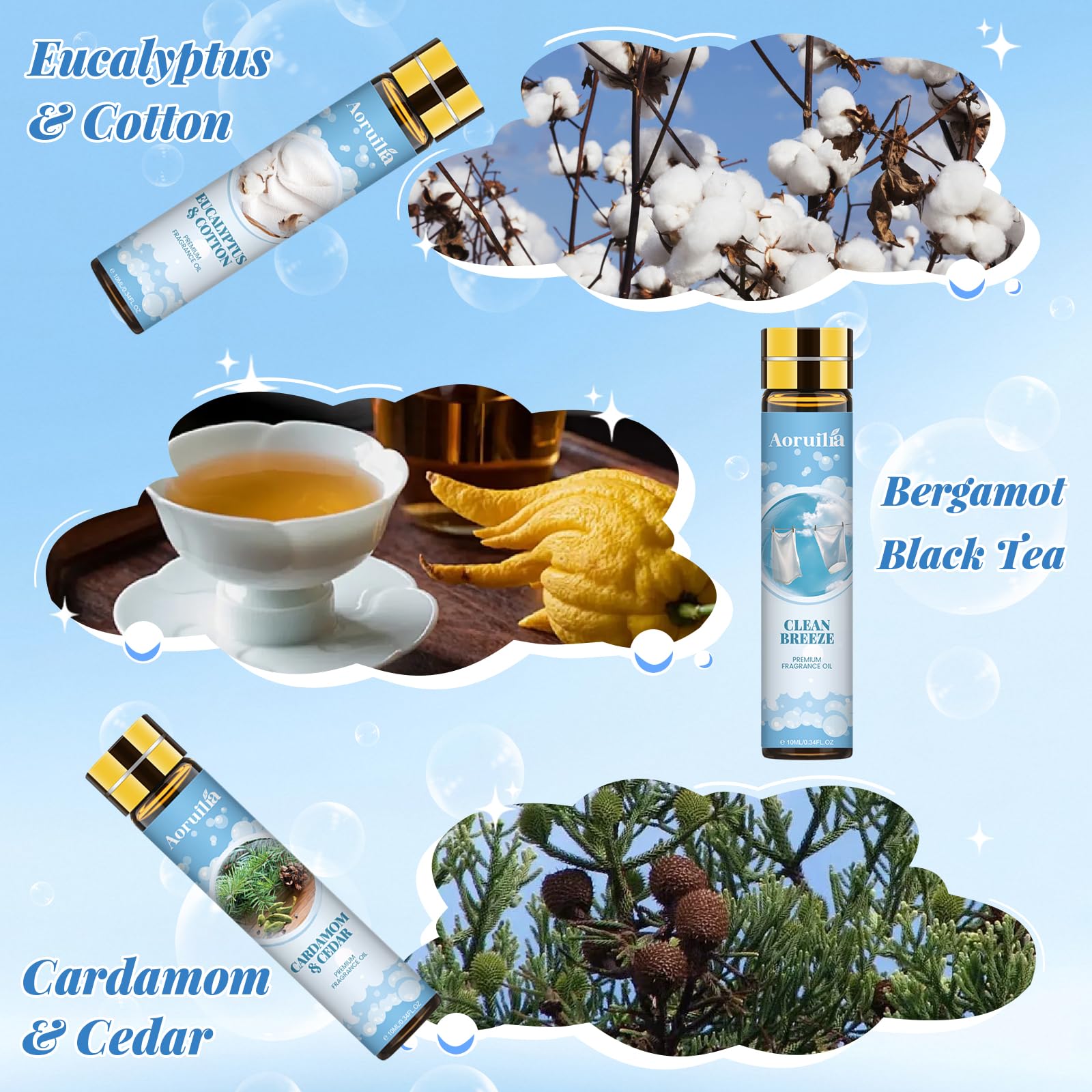 Clean Essential Oils Set 6 x 10ml, Laundry Fragrance Oils for Diffusers, Soap Making - Eucalyptus & Cotton, Bergamot Black Tea, Cardamom & Cedar, Baby Powder, Clean Breeze, Fresh Linen