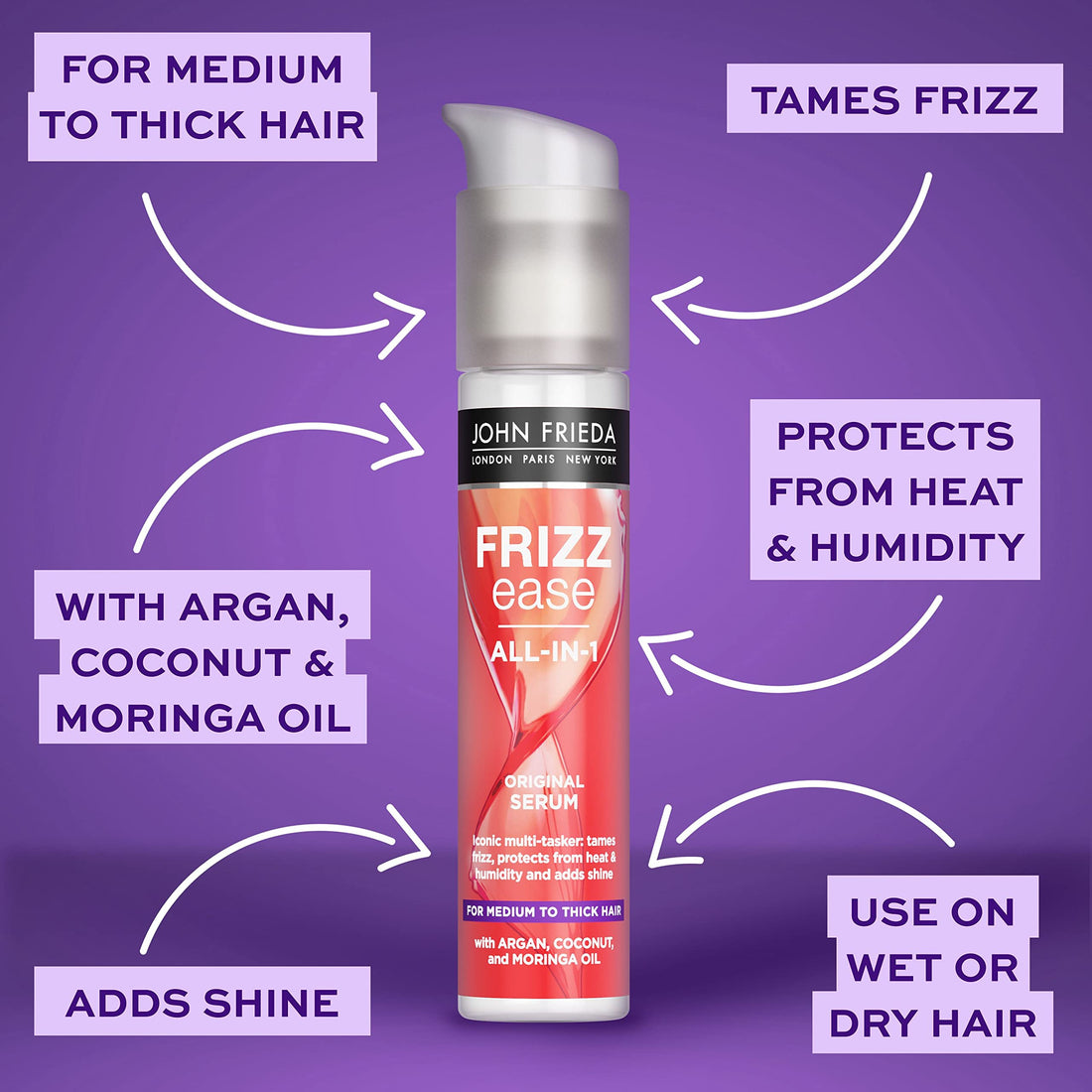 John Frieda Frizz Ease Original Serum 50ml, Hydrating Anti-Frizz Serum for Medium to Thick Hair