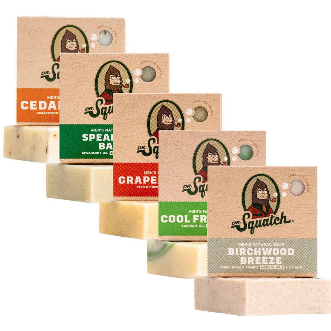 Dr. Squatch Natural Men’s Bar Soap - Cold Process Body Soap Bar with Natural Oils - Gifts for Men - Deep Sea Goat's Milk, Wood Barrel Bourbon, Rainforest Rapids, Alpine Sage & Bay Rum (5 oz, 5-Pack)