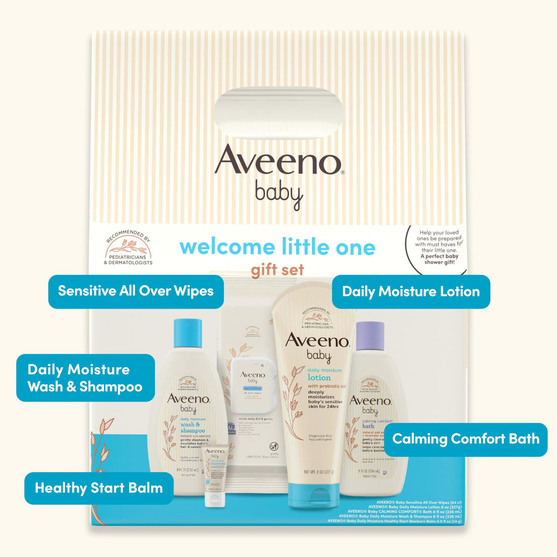 Aveeno Baby Welcome Little One Gift Set, Skincare Set with Nourishing Body Wash & Shampoo, Calming Bath Wash, All Over Wipes, Daily Moisturizing Lotion, & Balm, 5 Items Halalzen