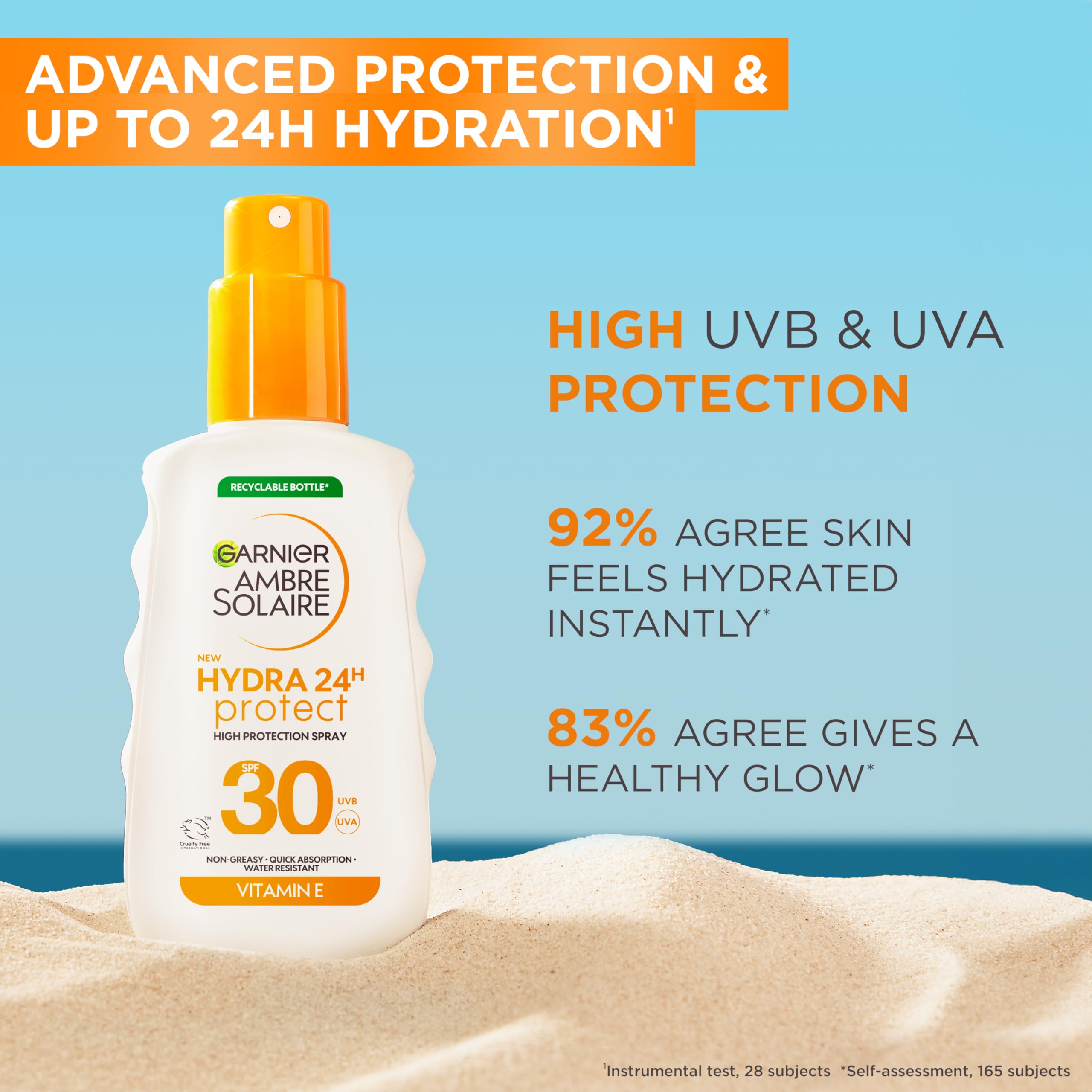 Garnier Ambre Solaire Sun Cream SPF 30 Hydra 24 Hour Protect High Protection UVB & UVA Hydrating Sun Lotion, Enriched with Vitamin E, Water Resistant, Non-Greasy, Fast Absorbing 150ml