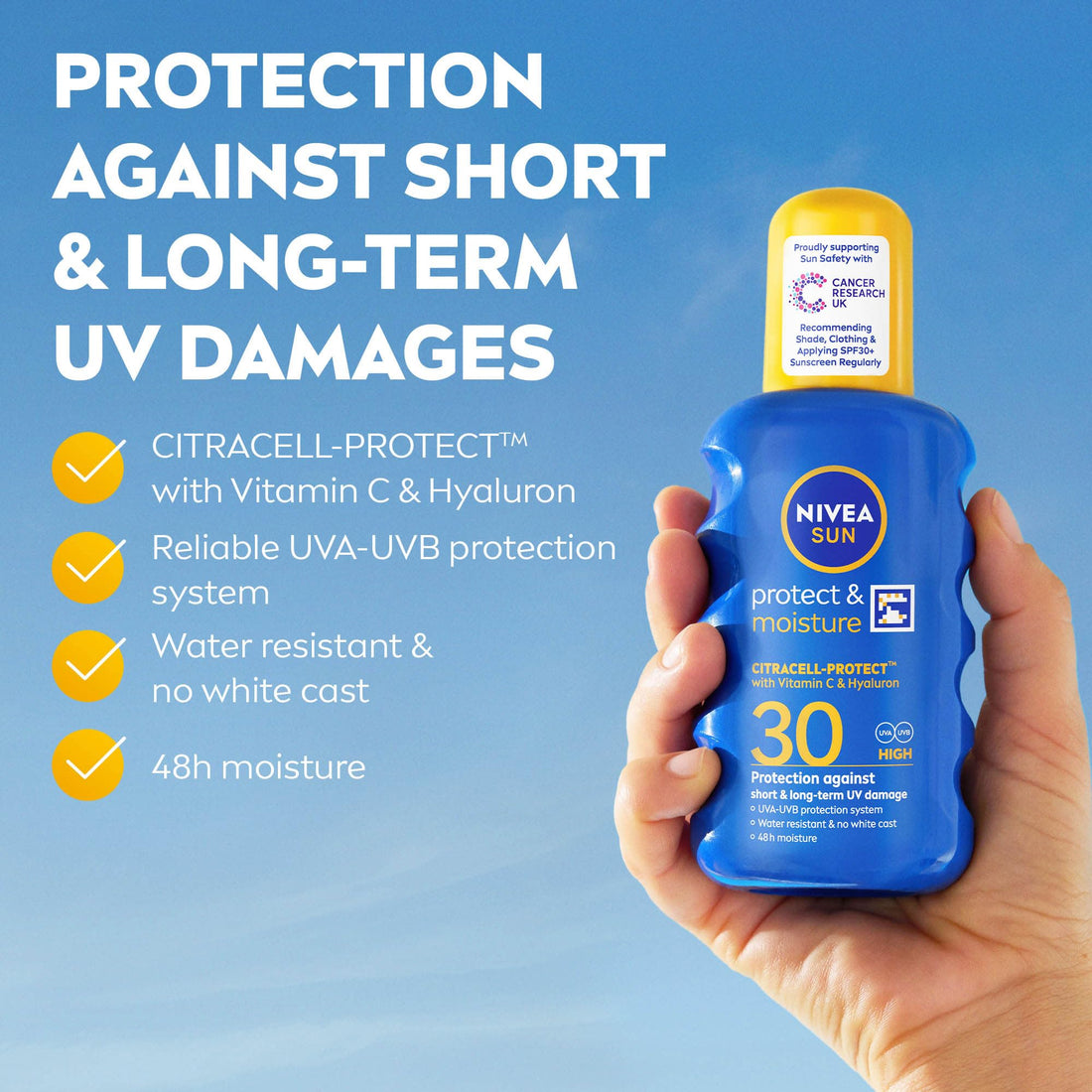NIVEA SUN Protect & Moisture Sun Spray SPF 50+ (200ml), Moisturising Suncream Spray with Vitamin C and Hyaluron, Immediate UVA/UVB Protection, Fast-Absorbing No White Cast Formula