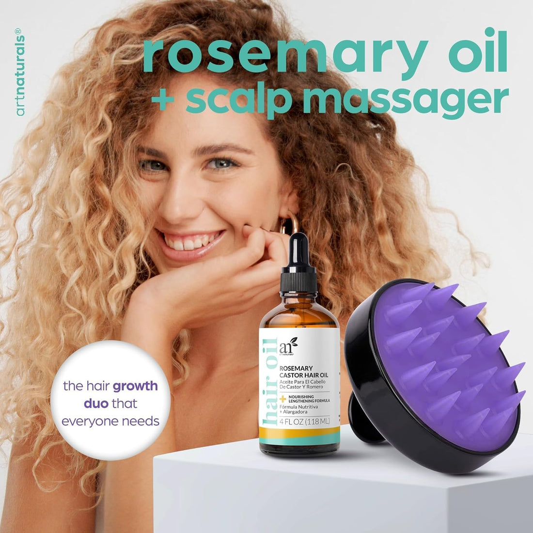 Artnaturals Organic Rosemary Castor Hair Oil + Massager Hair Growth Set Huile de croissance capillaire 120 ml avec huile de noix de coco et d'olive pour cheveux secs, abîmés et pointes fourchues