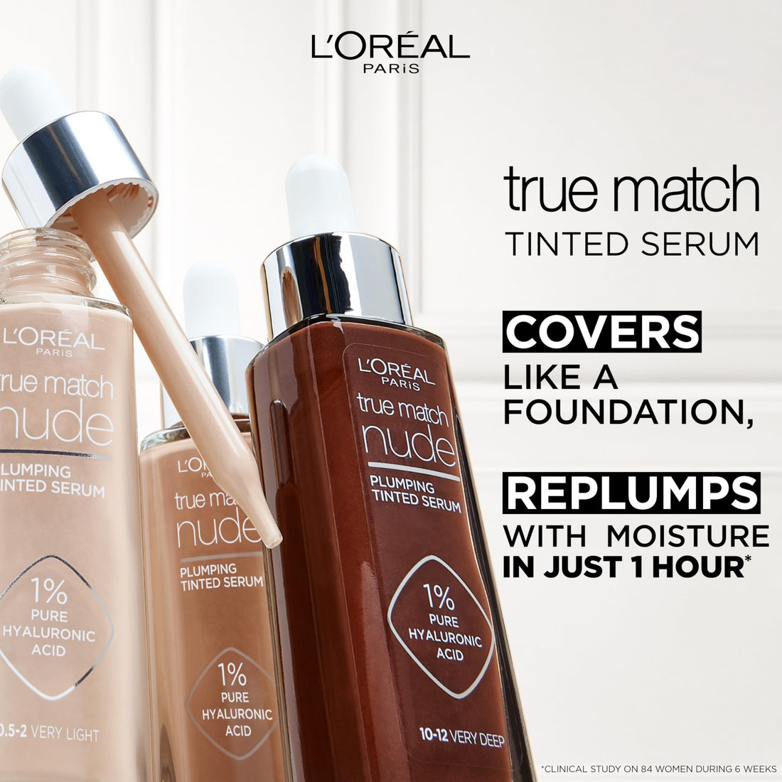 L'Oréal Paris Nude Tinted Serum for Face, Plumping and Hydrating Face Makeup, 1 Percent Pure Hyaluronic Acid, Nude Foundation to Cover, Replumps and Hydrates Skin in One Hour, Shade 4-5 Medium Halalzen