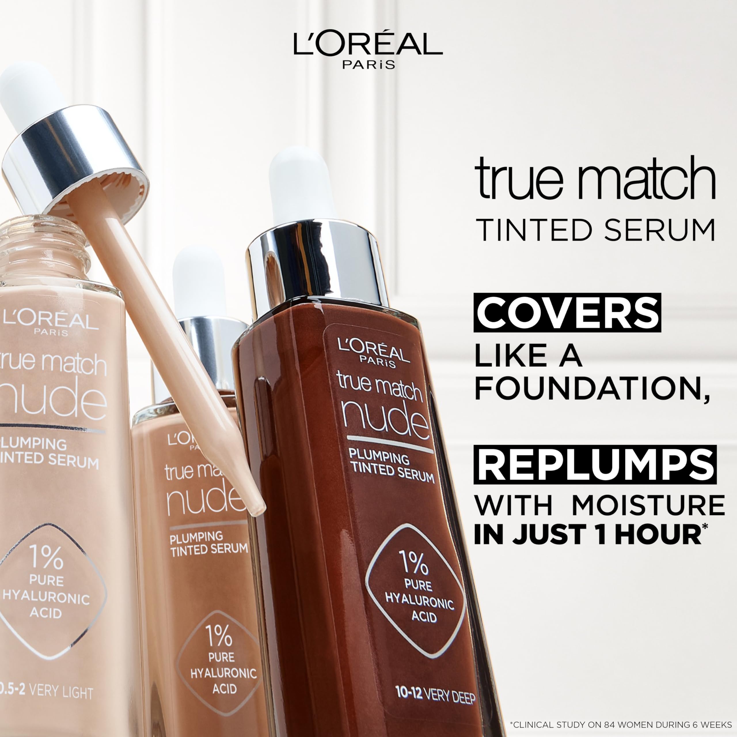L'Oréal Paris Nude Tinted Serum for Face, Plumping and Hydrating Face Makeup, 1 Percent Pure Hyaluronic Acid, Nude Foundation to Cover, Replumps and Hydrates Skin in One Hour, Shade 4-5 Medium Halalzen