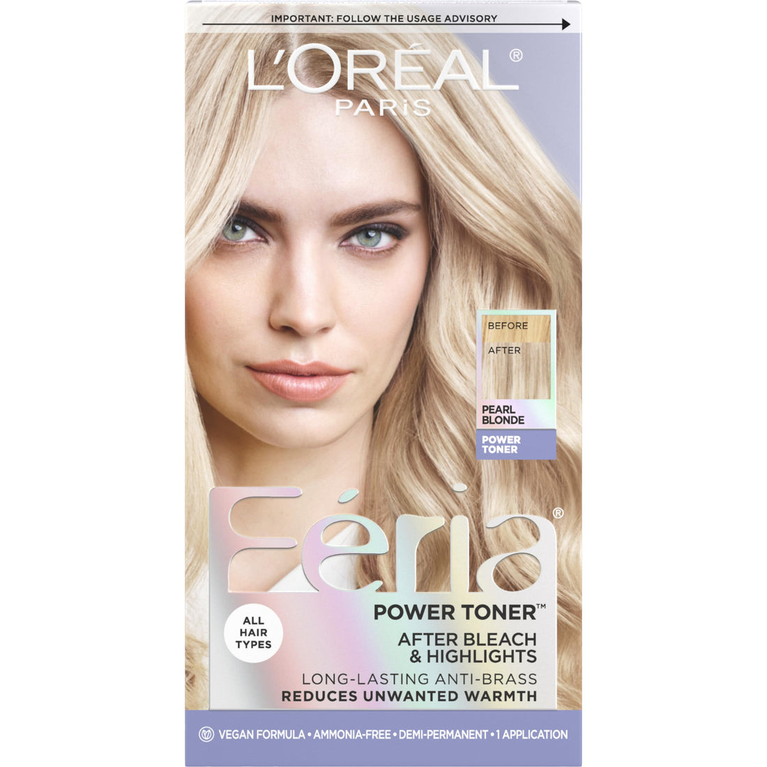 L’Oreal Paris Feria Long-Lasting Anti Brass Power Hair Toner, Ammonia Free Demi Permanent Hair Color, Ice Blonde Hair Toner, 1 Application