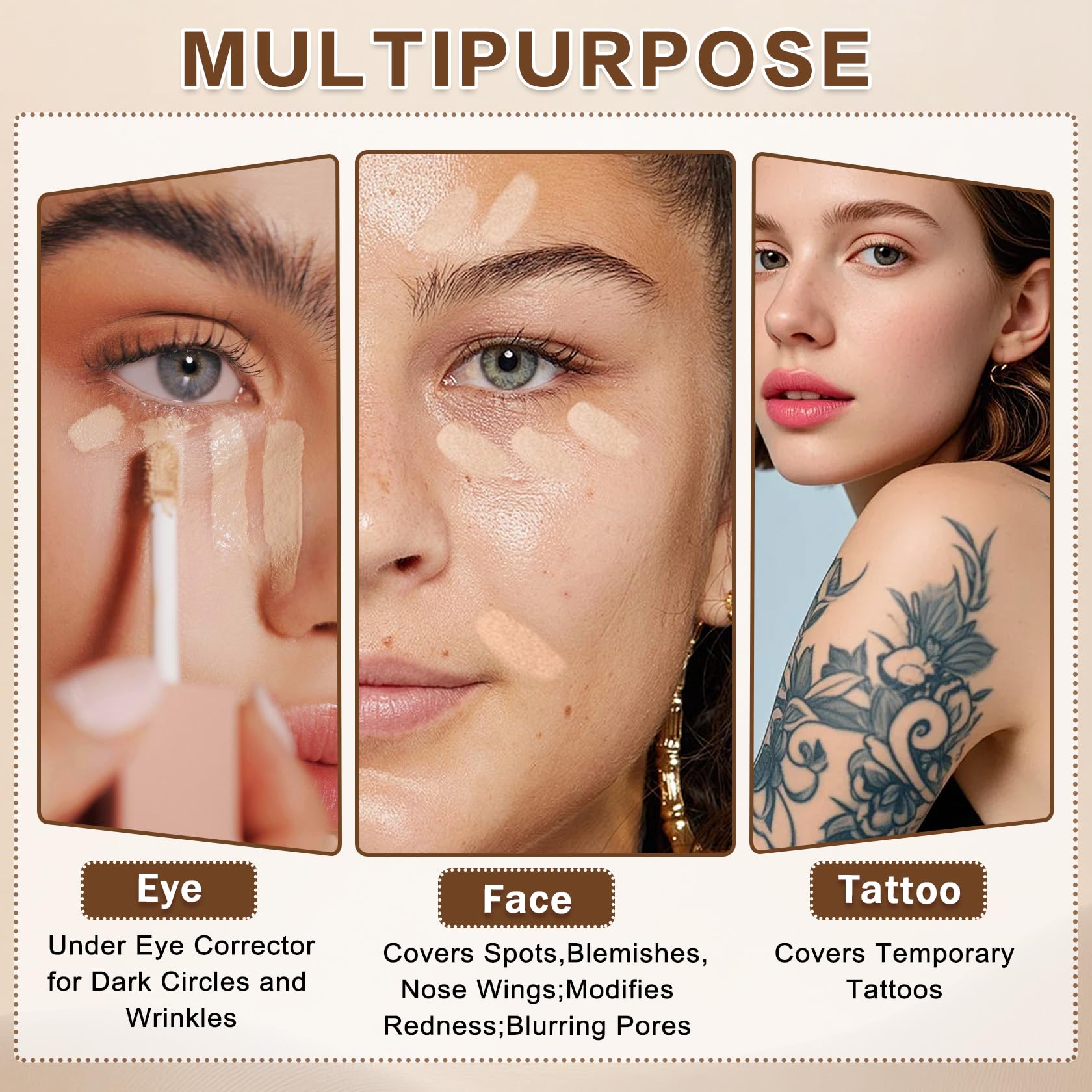 Under Eye Corrector for Dark Circles and Wrinkles,Double-ended Cream Concealer Stick & Liquid Concealer for Older Women,Hydrating,Long-lasting Wear,Concealers & Neutralizing Makeup（02 Beige） Halalzen