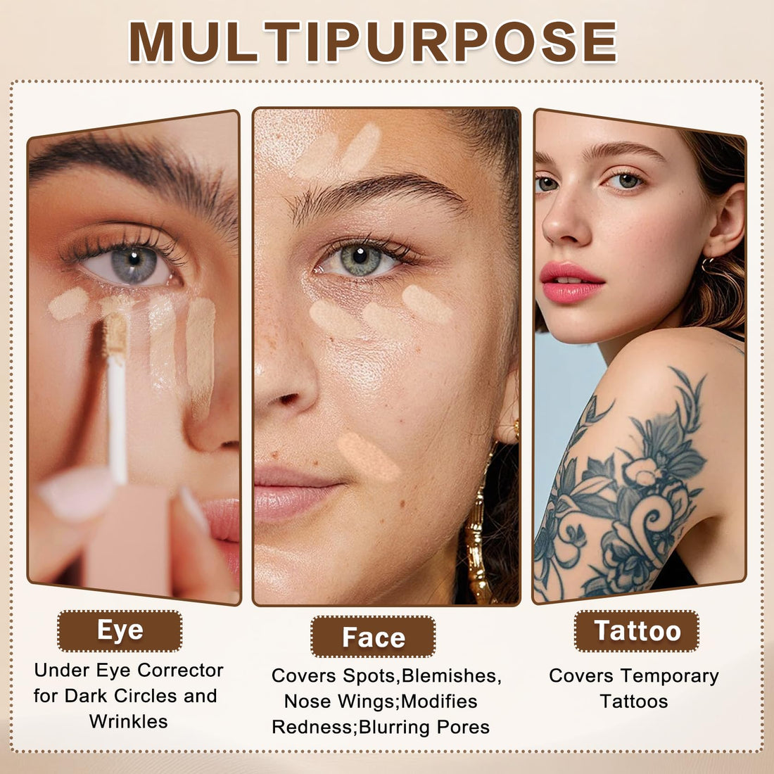 Under Eye Corrector for Dark Circles and Wrinkles,Double-ended Cream Concealer Stick & Liquid Concealer for Older Women,Hydrating,Long-lasting Wear,Concealers & Neutralizing Makeup（02 Beige） Halalzen
